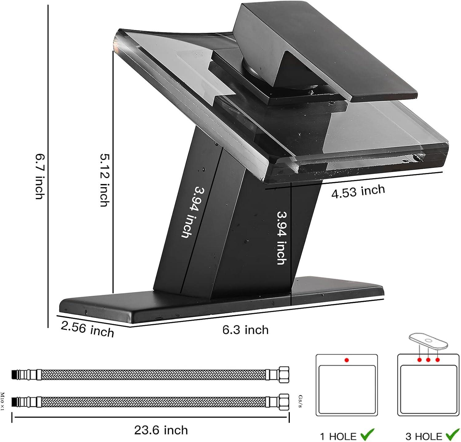 Matte Black Bathroom Faucet with Glass Waterfall Design, Single Handle for Sink, Modern Vanity Faucets with Supply Lines, Lavatory Basin Bath Mixer Tap, Deck Mounted
