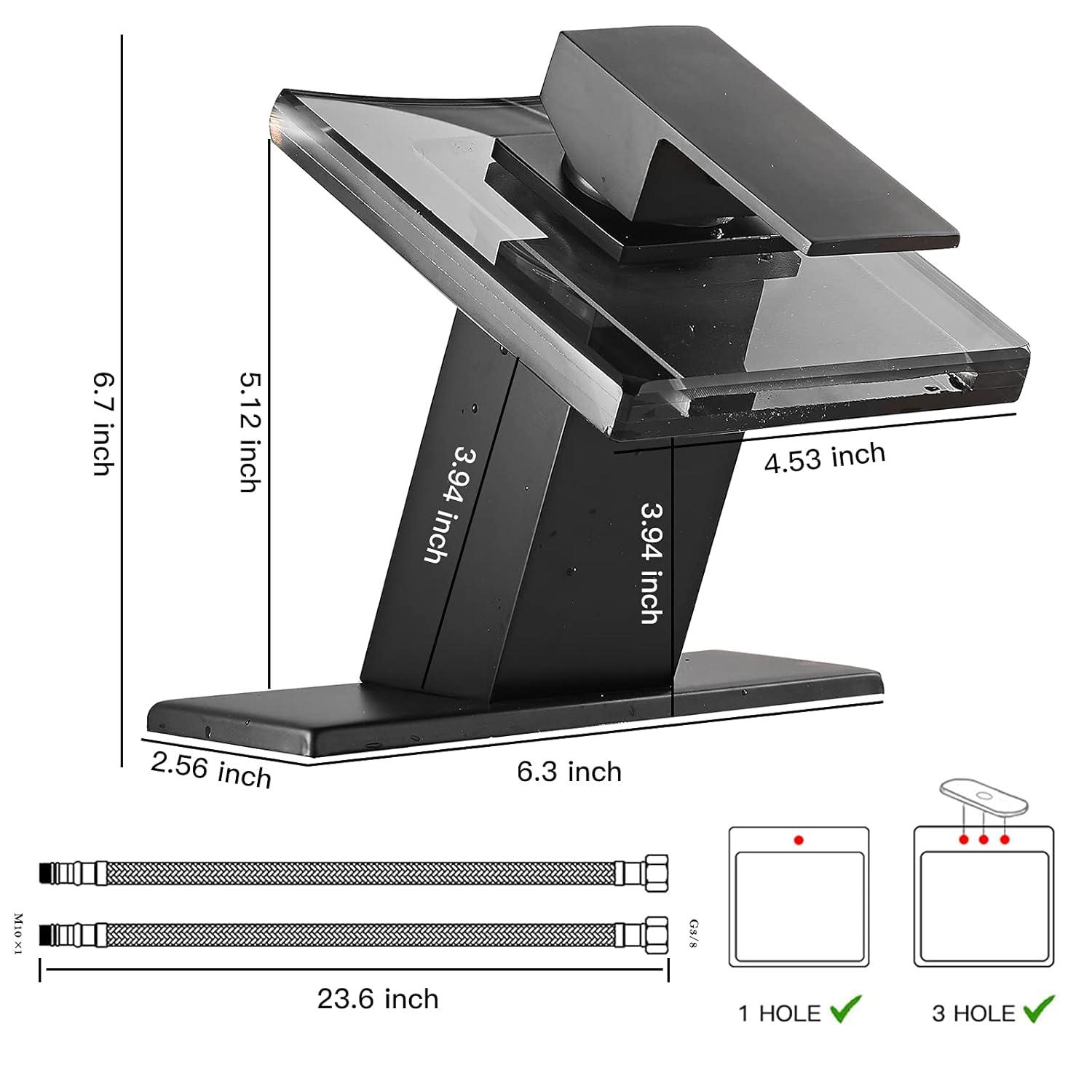 Matte Black Bathroom Faucet with Glass Waterfall Design, Single Handle for Sink, Modern Vanity Faucets with Supply Lines, Lavatory Basin Bath Mixer Tap, Deck Mounted