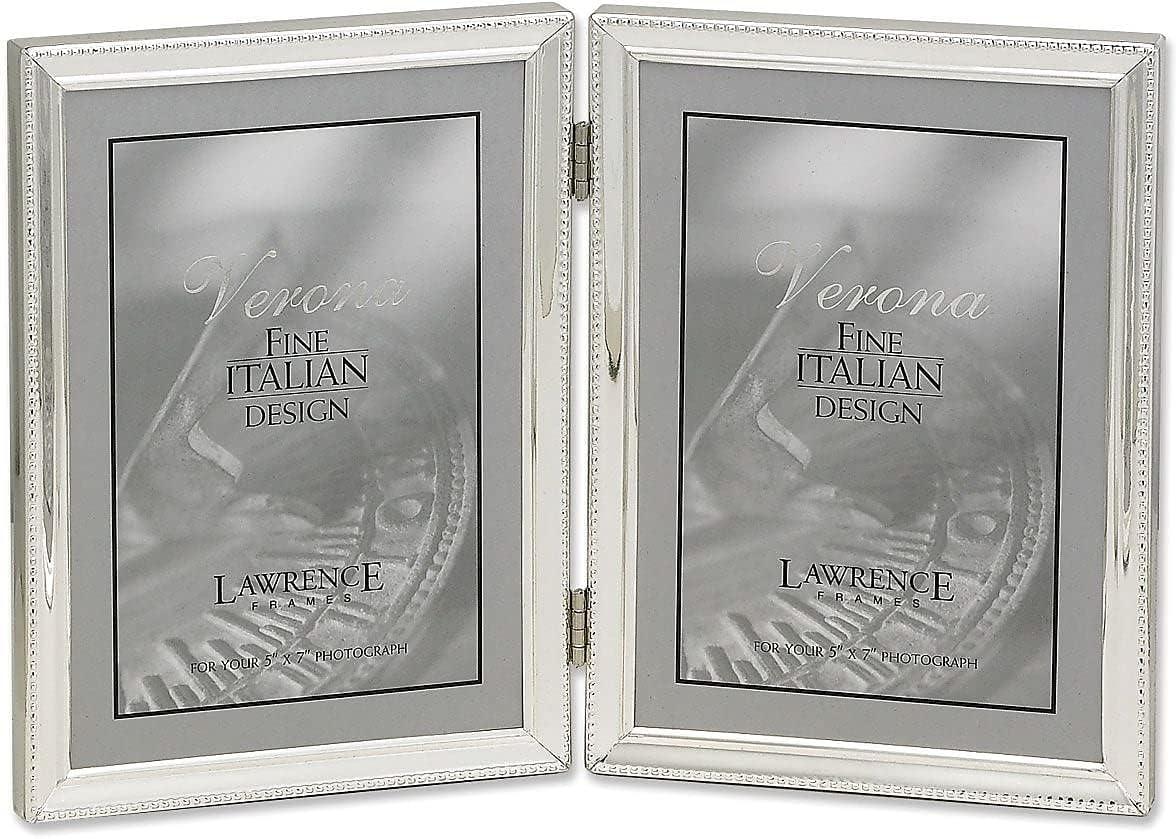 Elegant Polished Silver 5x7 Hinged Double Picture Frame with Bead Border