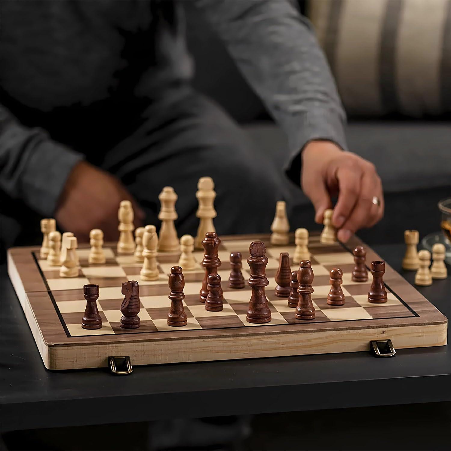 KiddiTouch 15 inch Magnetic Wooden Chess Set 2 in 1 Folding Chess Board Travel Chess Games for Adults and Kids