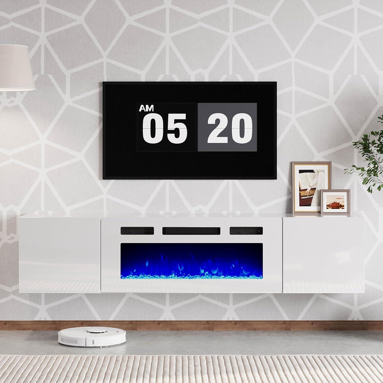 White Gloss Floating TV Stand with Electric Fireplace