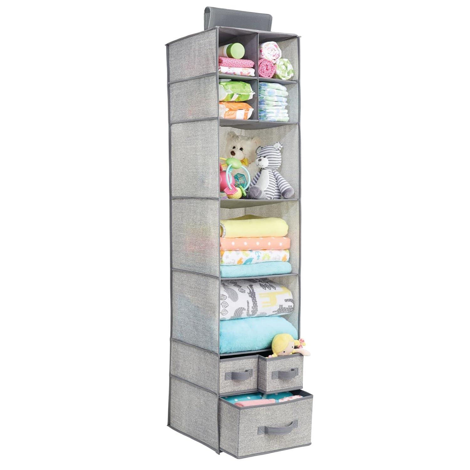 mDesign Fabric Nursery Hanging Organizer with 7 Shelves/3 Drawers, 2 Pack - Gray