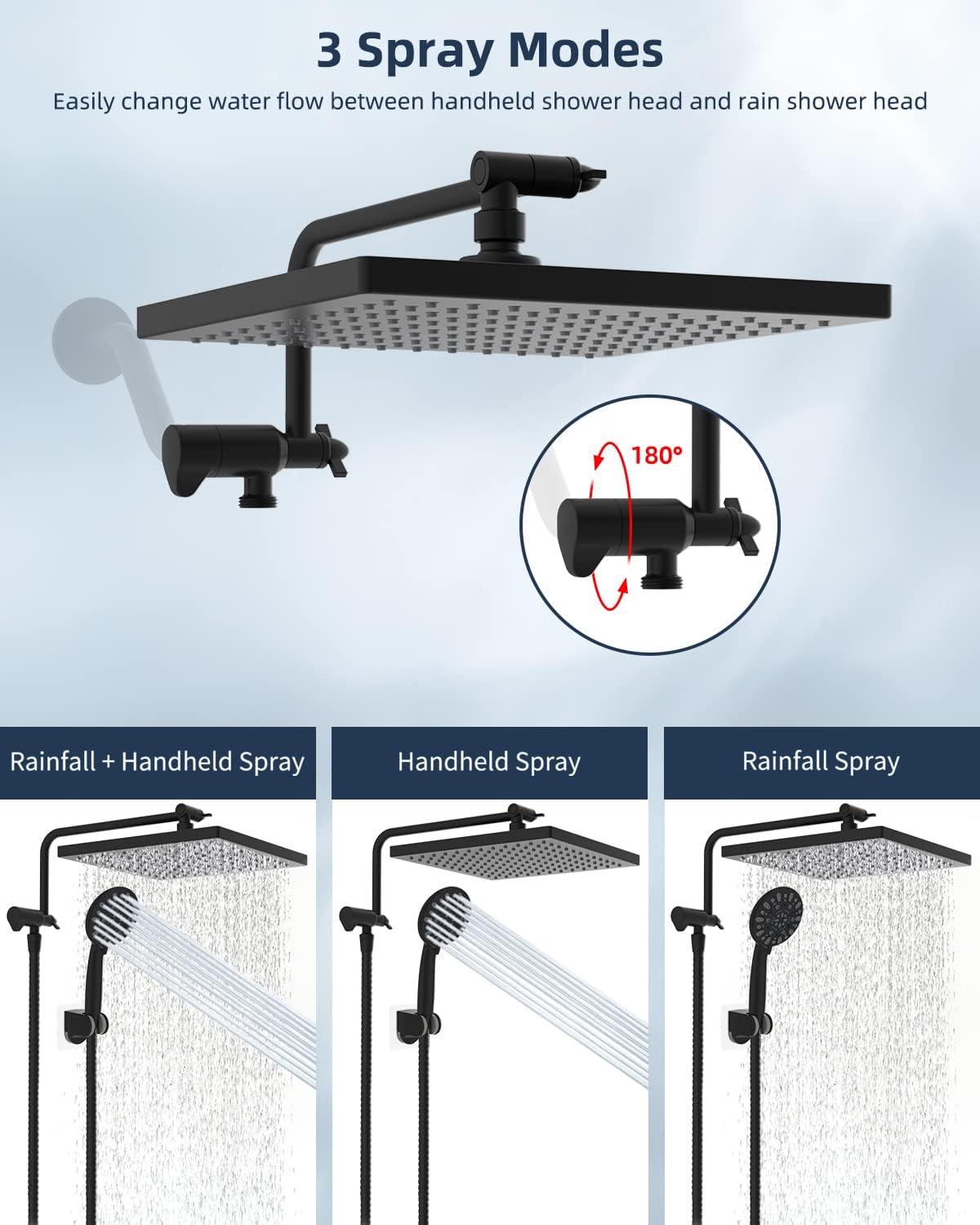 High Pressure All Metal 10" Rainfall Shower Head Combo,7-spray Handheld Shower, Adjustable Extension Arm