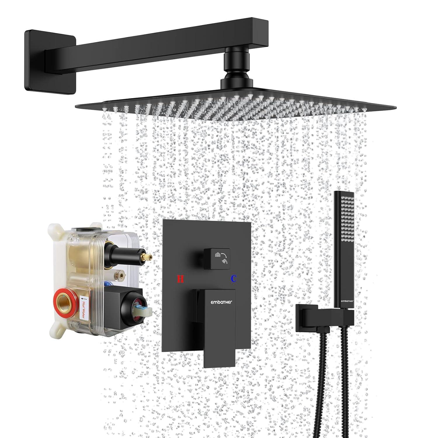 EMBATHER Black Shower System 12 Inches Shower Faucet Set with Square Rain Shower Head and Handheld For Bathroom, Matte Black Shower Combo Set Wall Mounted (Rough-in Valve & Trim Included)