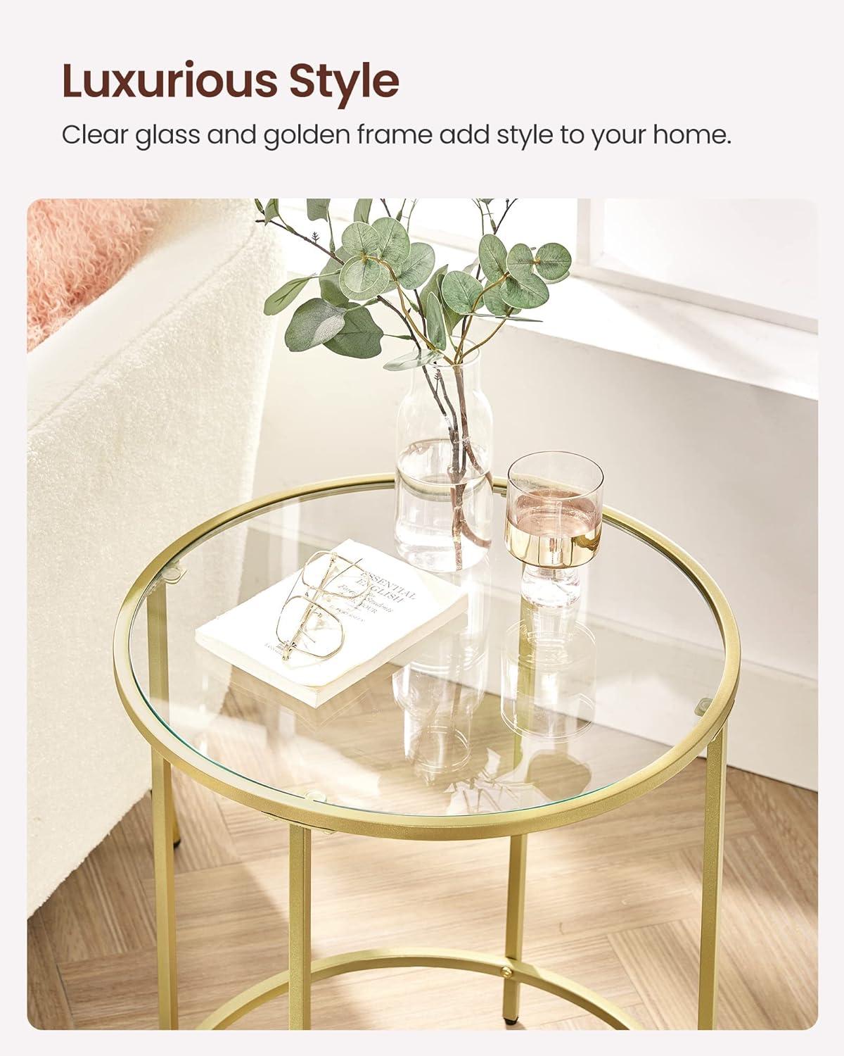 Gold Round Glass End Table with Metal Frame