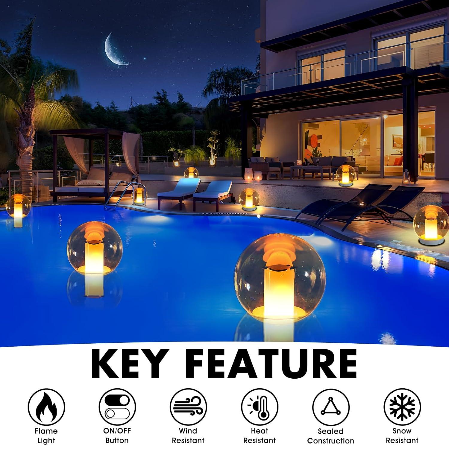 Floating Pool Lights, Solar Flame Lights Flickering IP68 Waterproof Ball Night Lights, Outdoor Lantern Landscape Decoration Lamp for Pool, Pond, Event, Party, Garden(2pcs)