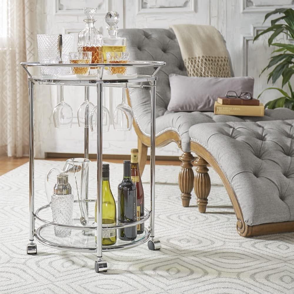 Round Chrome and Glass Bar Cart with Wine Rack