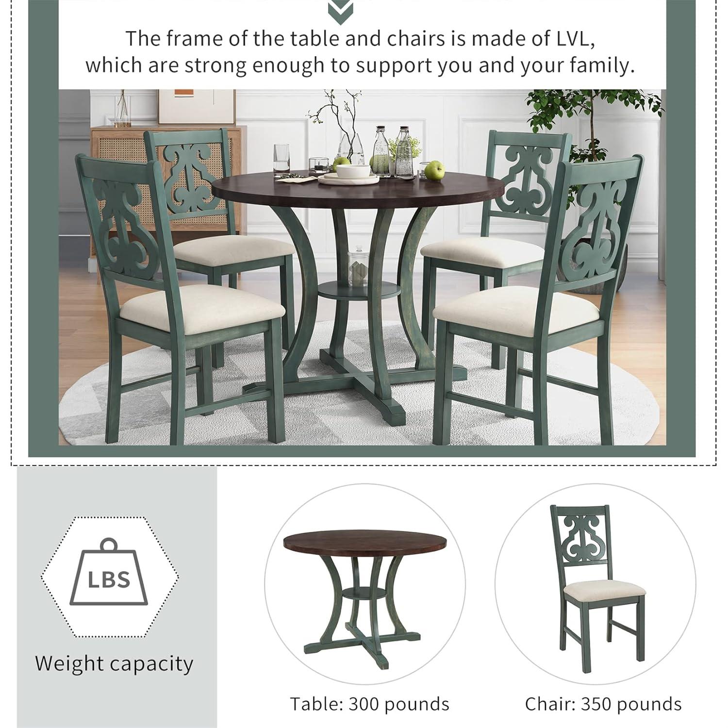 5 Piece Counter Height Dining Table Set with 1 Rectangular Dining Table and 4 Upholstered Chairs, Solid Wood Kitchen Dining Table Set for Small Places, Farmhouse Style (Gray)