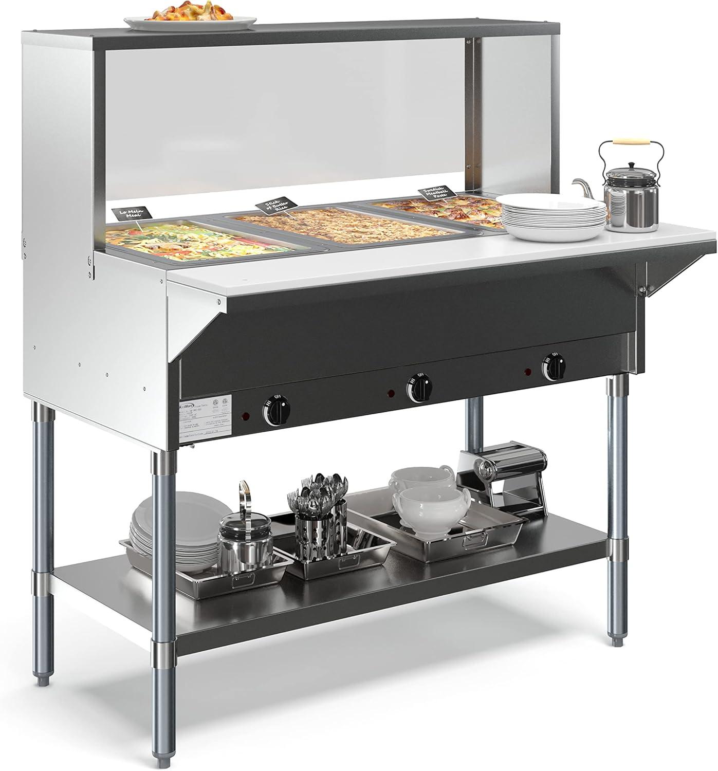 Five Pan Open Well Electric Steam Table with Undershelf and Sneeze-Guard, 240V, KM-OWS-5SG.