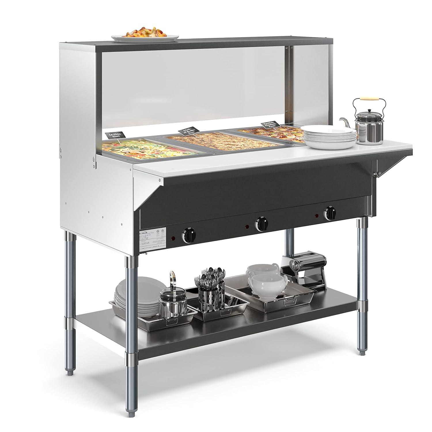 Five Pan Open Well Electric Steam Table with Undershelf and Sneeze-Guard, 240V, KM-OWS-5SG.