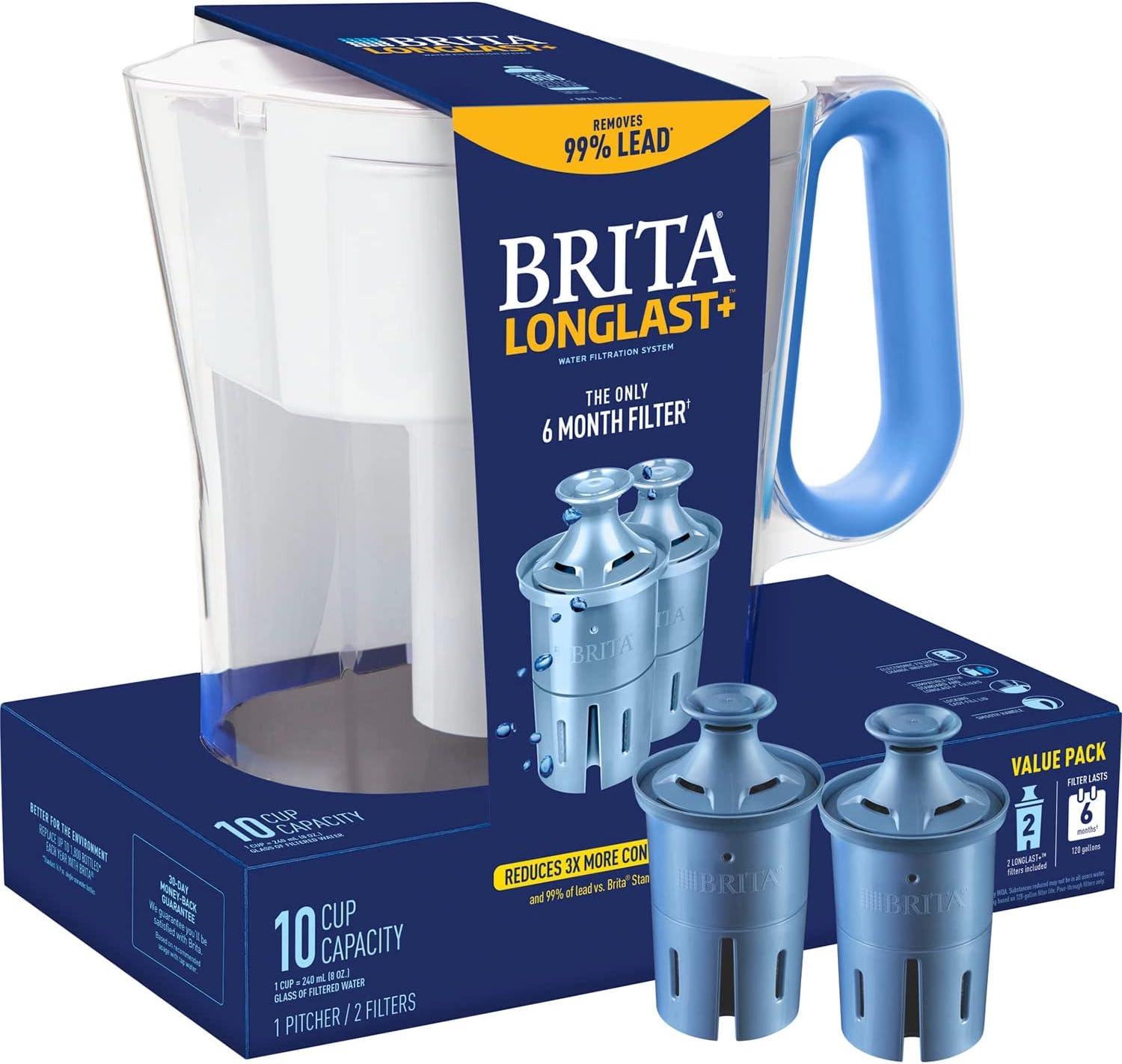 Brita Wave Large 10-Cup Water Filter Pitcher with 2 Longlast+ Filters- Blue