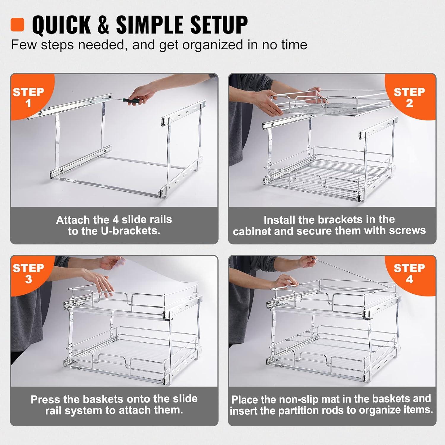 VEVOR 2 Tier Pull Out Cabinet Organizer(10.7"W x 14.2"D ), Under Sink Organizer and Storage, Slide Out Drawer Cabinet Organizer, Wire Basket Sliding Shelf for Kitchen Bathroom Cabinet, Black (2 Pack)