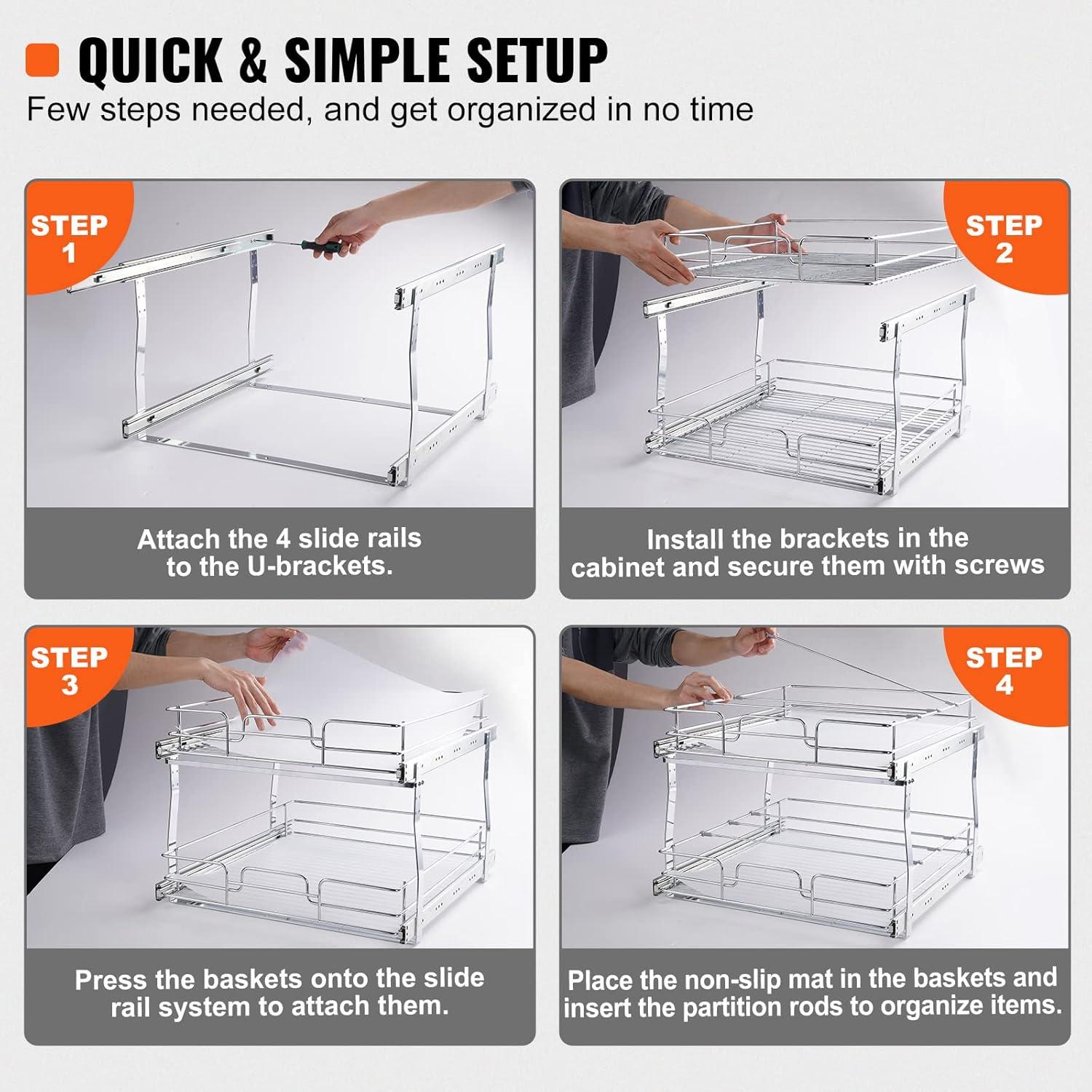 VEVOR 2 Tier Pull Out Cabinet Organizer(10.7"W x 14.2"D ), Under Sink Organizer and Storage, Slide Out Drawer Cabinet Organizer, Wire Basket Sliding Shelf for Kitchen Bathroom Cabinet, Black (2 Pack)