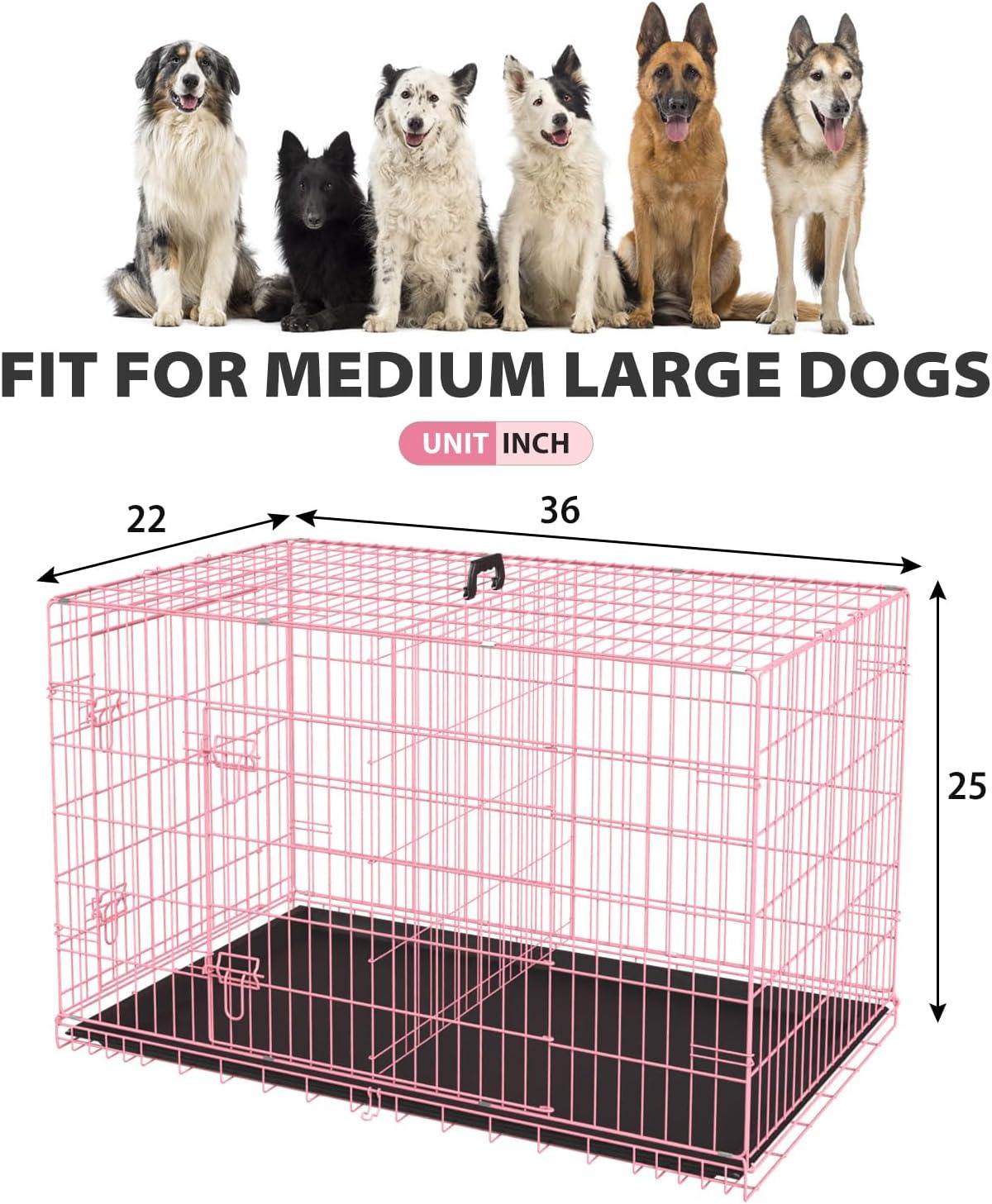 FDW 36 Inch Dog Crates for Large Dogs Folding Mental Wire Crates Dog Kennels Pet Dog Cage Crate with Double-Door Removable Tray and Handle,Pink
