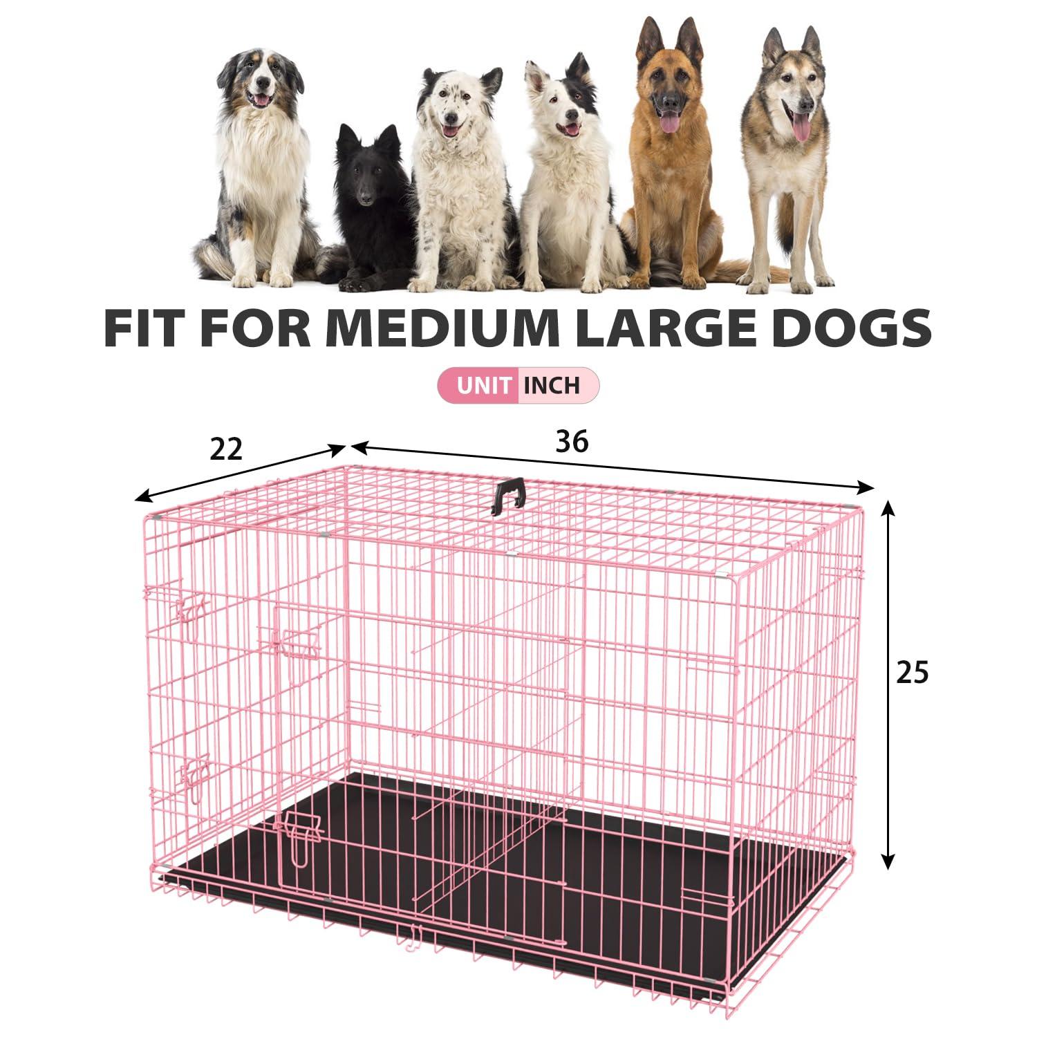 FDW 36 Inch Dog Crates for Large Dogs Folding Mental Wire Crates Dog Kennels Pet Dog Cage Crate with Double-Door Removable Tray and Handle,Pink