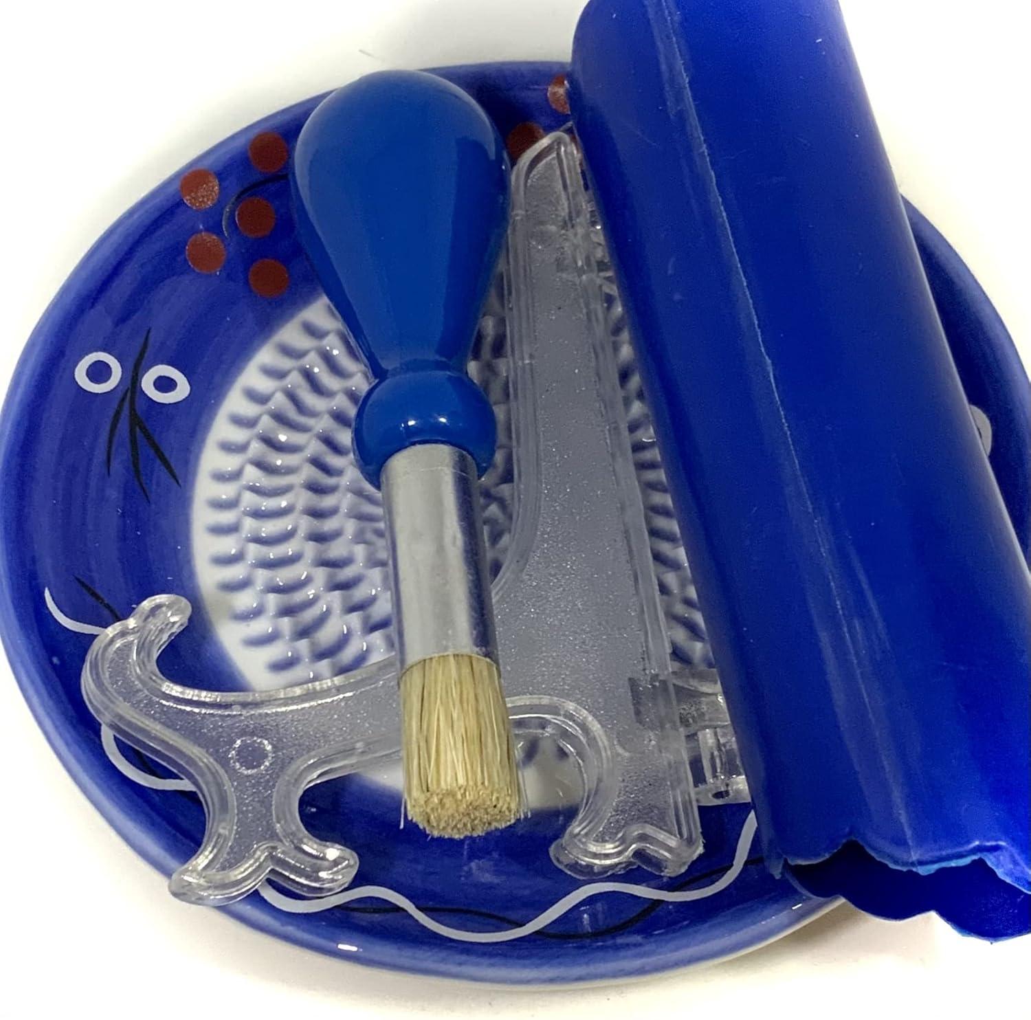 All-in-one 4pcs Premium Ceramic Garlic Grater Set - HandMade, Blue Stoneware Design Grater Plate_Garlic Peeler, Gathering Brush, Display Stand, It's also grating Turmeric, Ginger, and more,.
