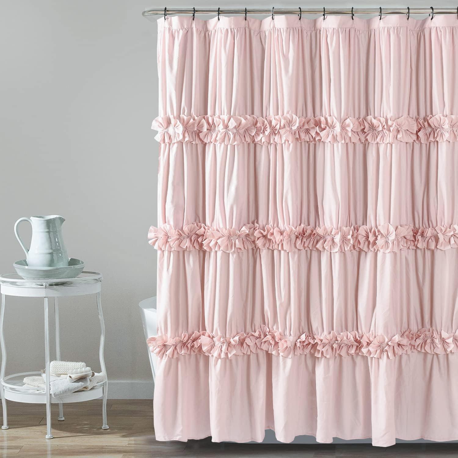 Peach Ruffle Shower Curtain, Vintage Handcrafted Bow Tie Bath Curtain for Master Bathroom, Ruched Microfiber Bathroom Curtain with 12 Buttonholes, 72" W x 72" H (LQ-10)