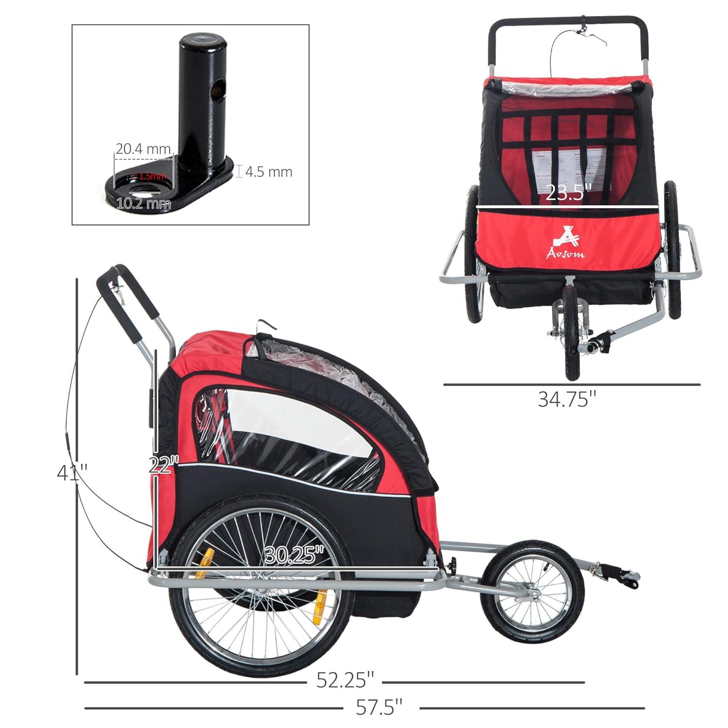Aosom Elite Three-Wheel Bike Trailer for Kids Bicycle Cart for Two Children with 2 Security Harnesses & Storage, Red