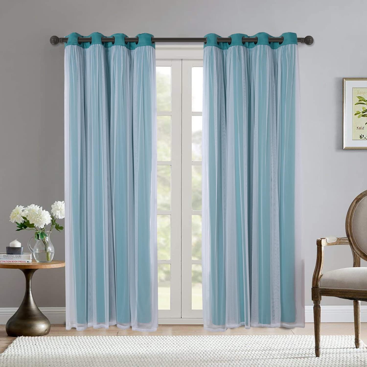 Set of 2 (63"x52") Caterina Layered Solid Blackout with Sheer Top Curtain Panels Blue Blue - Exclusive Home