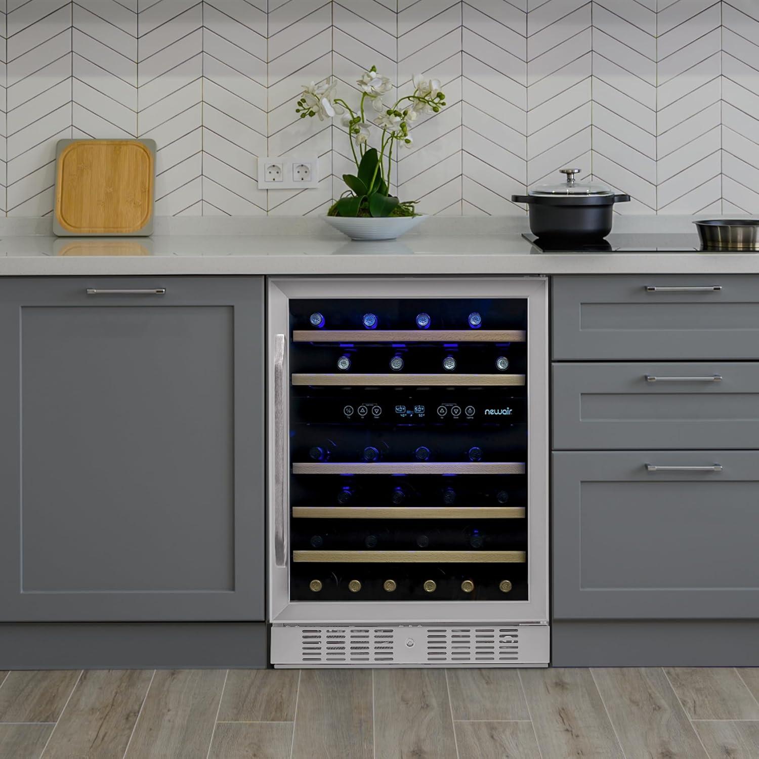Newair 24” Built-in 46 Bottle Dual Zone Wine Cooler with Removable Beechwood Shelves in Black Stainless Steel