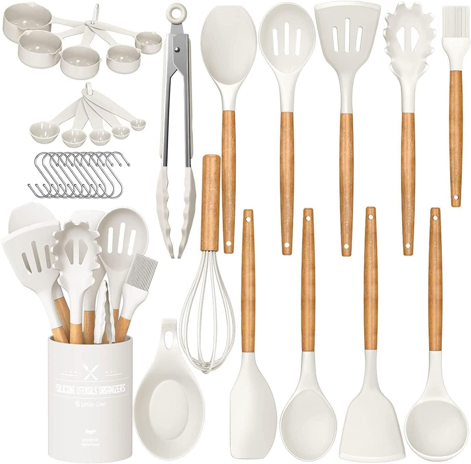 OhhGo 33PCS Silicone Cooking Utensils Set, 446°F Heat Resistant Wooden Handle Cooking Kitchen Utensils Spatula Set with Holder for Nonstick Cookware,Dishwasher Safe (BPA Free),White