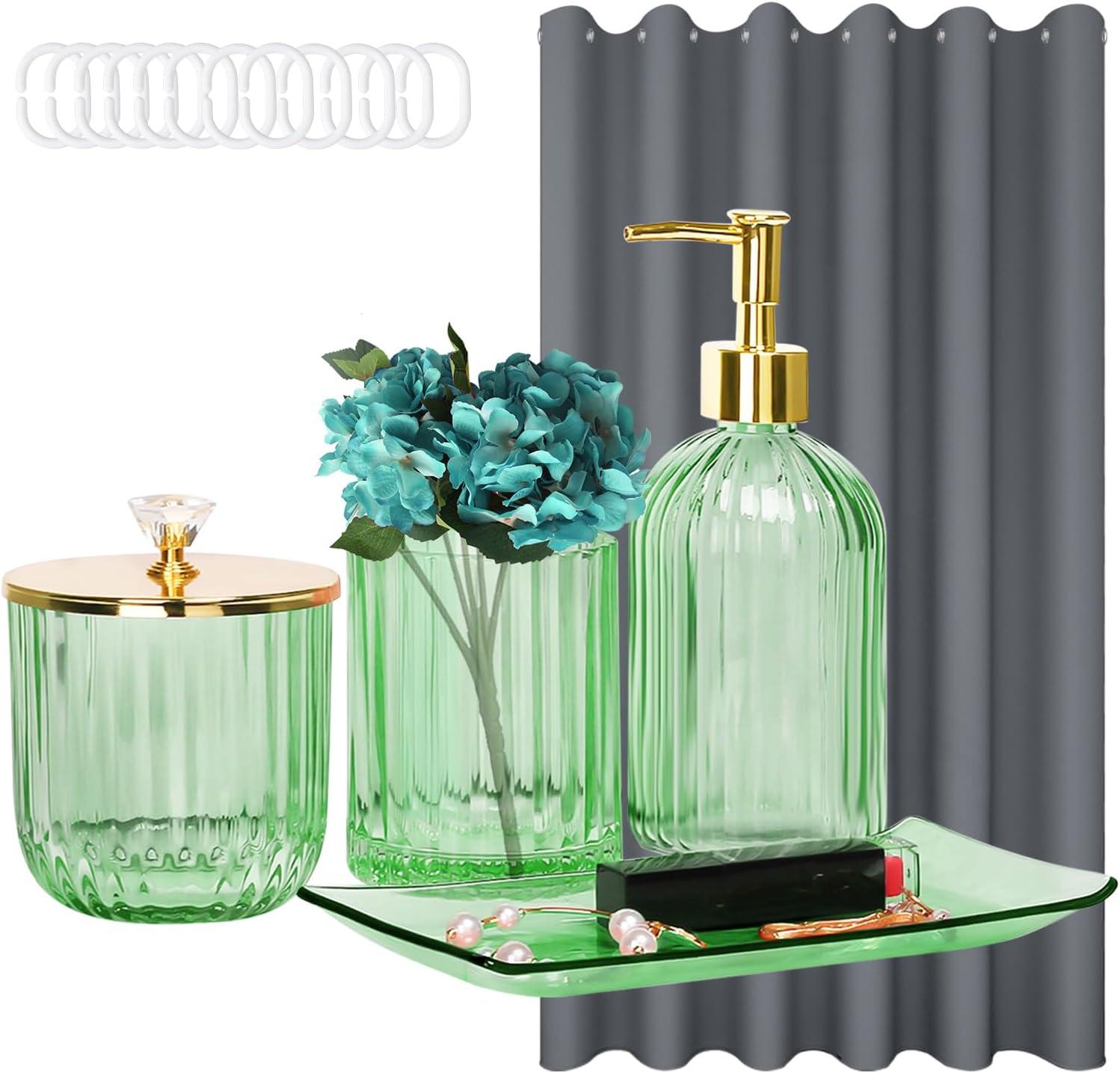 Green Glass Bathroom Accessory Set with Gold Accents