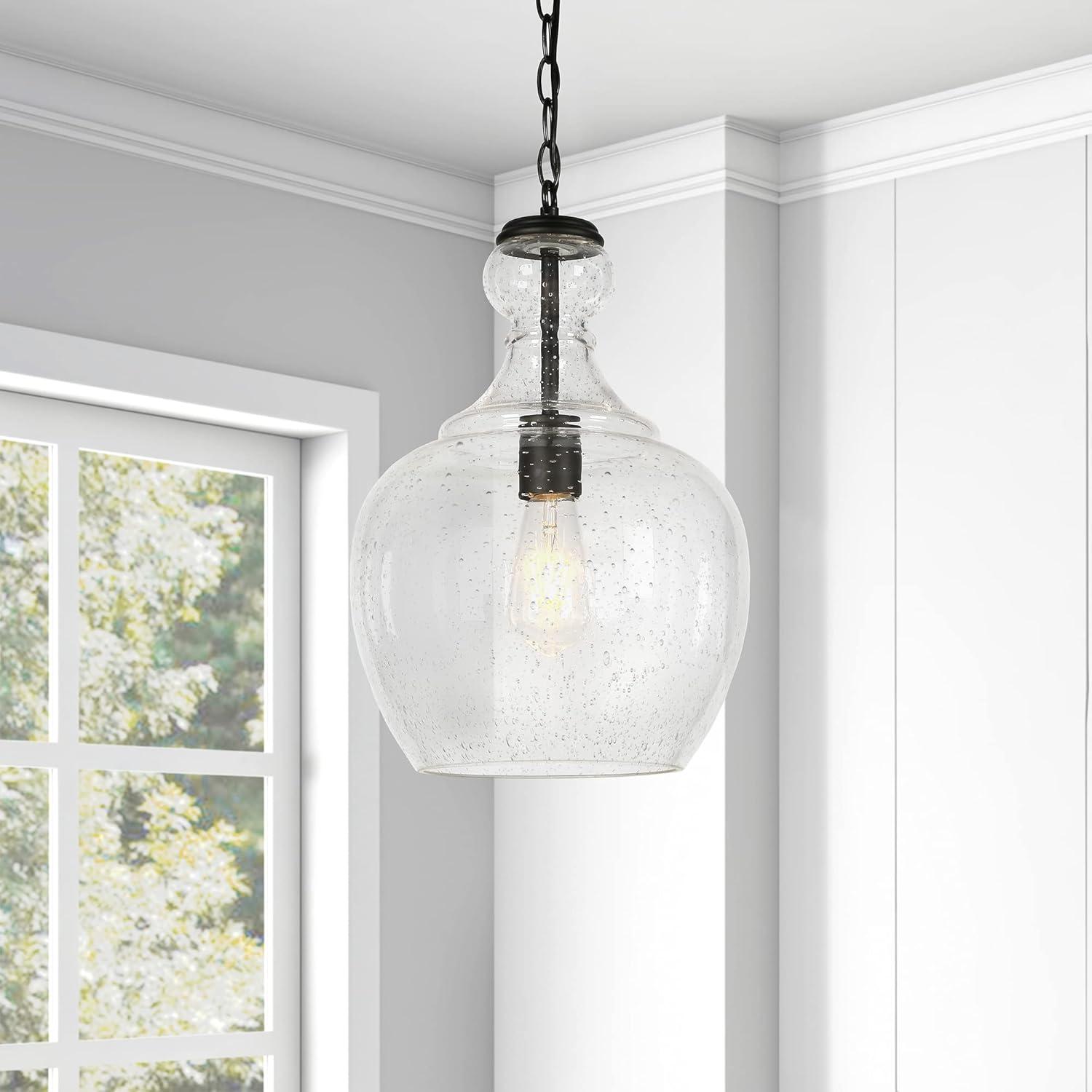 Westford Coastal Industrial 11" Brass & Seeded Glass Pendant