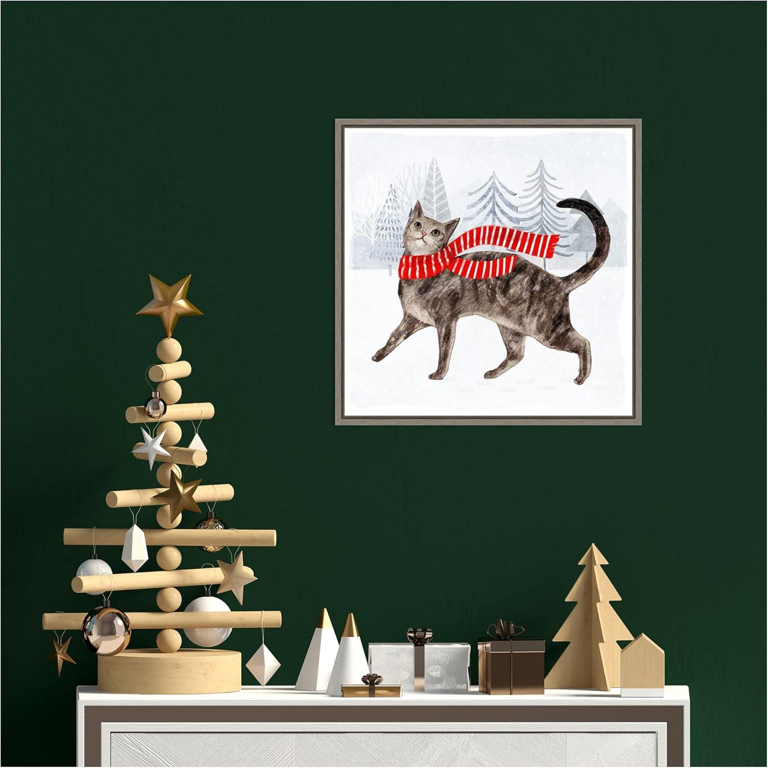 Christmas Cats and Dogs Canvas Print with Grey Frame