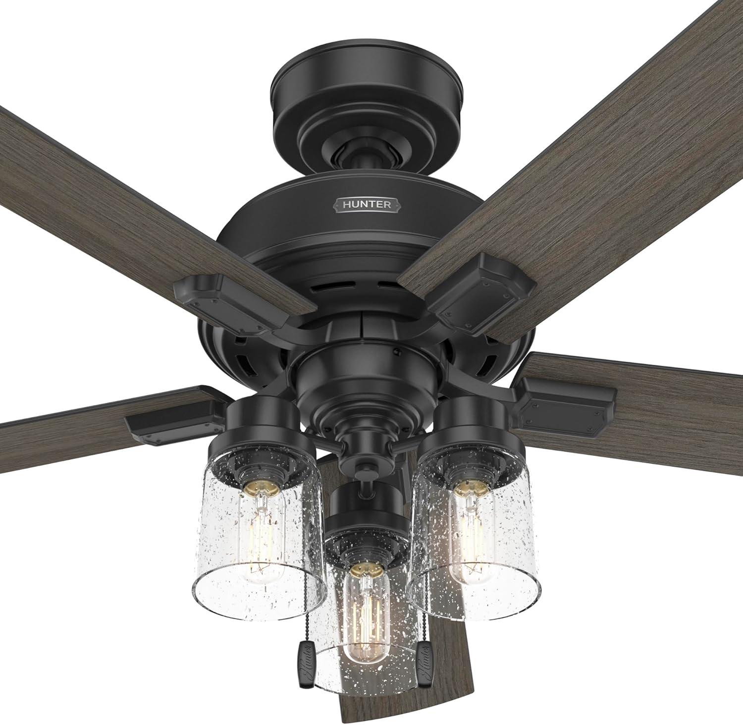 Hunter - Hartland Indoor Ceiling Fan With Light, 52-inch, Matte Black, Casual-style, 3-speed WhisperWind Motor, 51745, for living rooms, bedrooms, home offices, kitchens