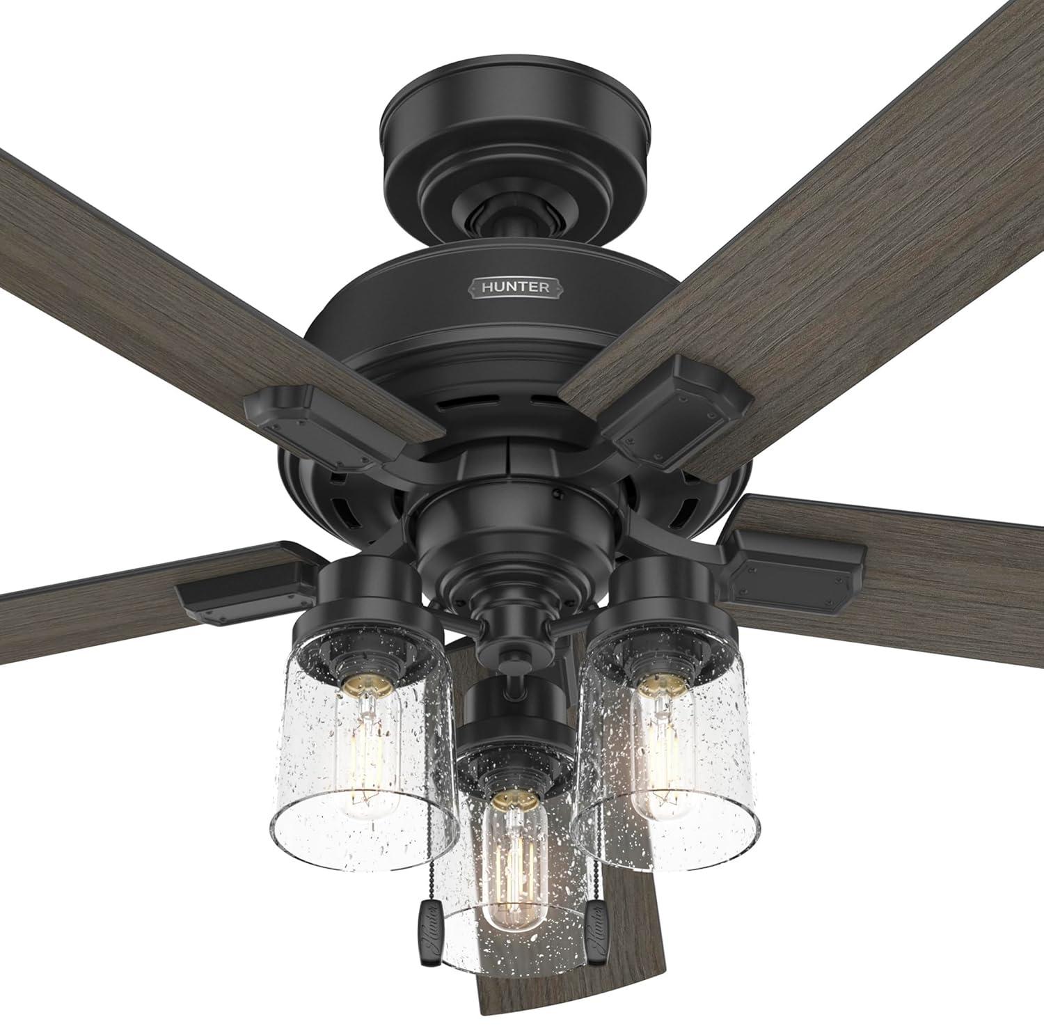 Hunter - Hartland Indoor Ceiling Fan With Light, 52-inch, Matte Black, Casual-style, 3-speed WhisperWind Motor, 51745, for living rooms, bedrooms, home offices, kitchens