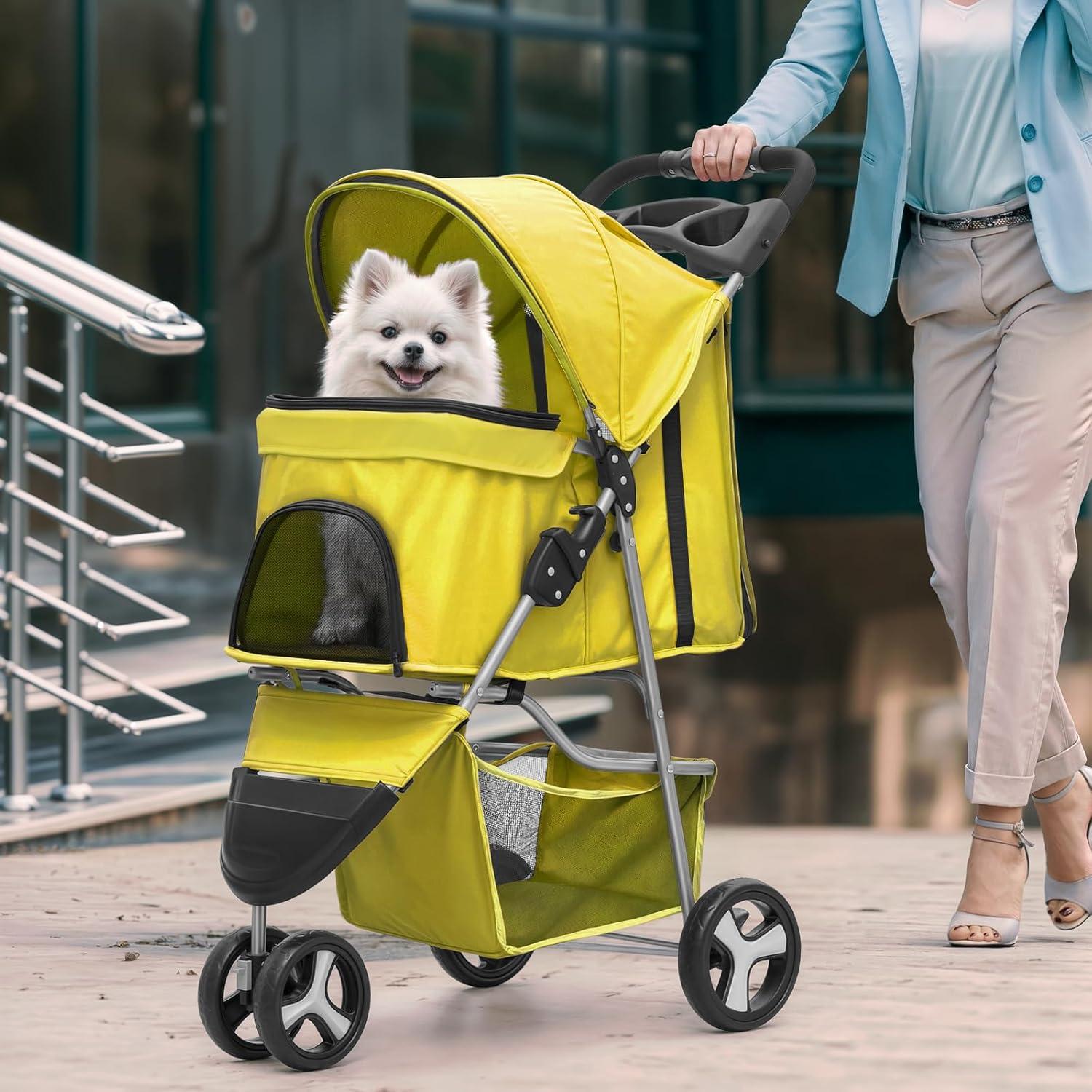 Zengpin 3-Wheel Pet Stroller, Foldable Travel Jogger for Small & Medium Dogs & Cats (Up to 33lbs), Lightweight Carrier with Breathable Mesh Cover, Cup Holder & Storage Basket, Yellow