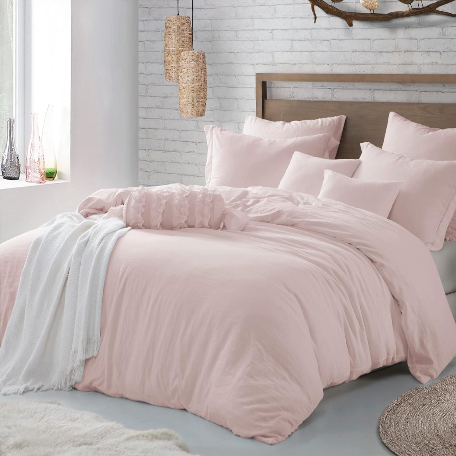 KITYDALK Full/Queen Bedding Microfiber Duvet Cover & Sham Bedding Set, Prewashed Crinkle, Ultra-Soft, Lightweight & Durable – Rose Blush, Full/Queen (90”x90”) – Comforter Not Included