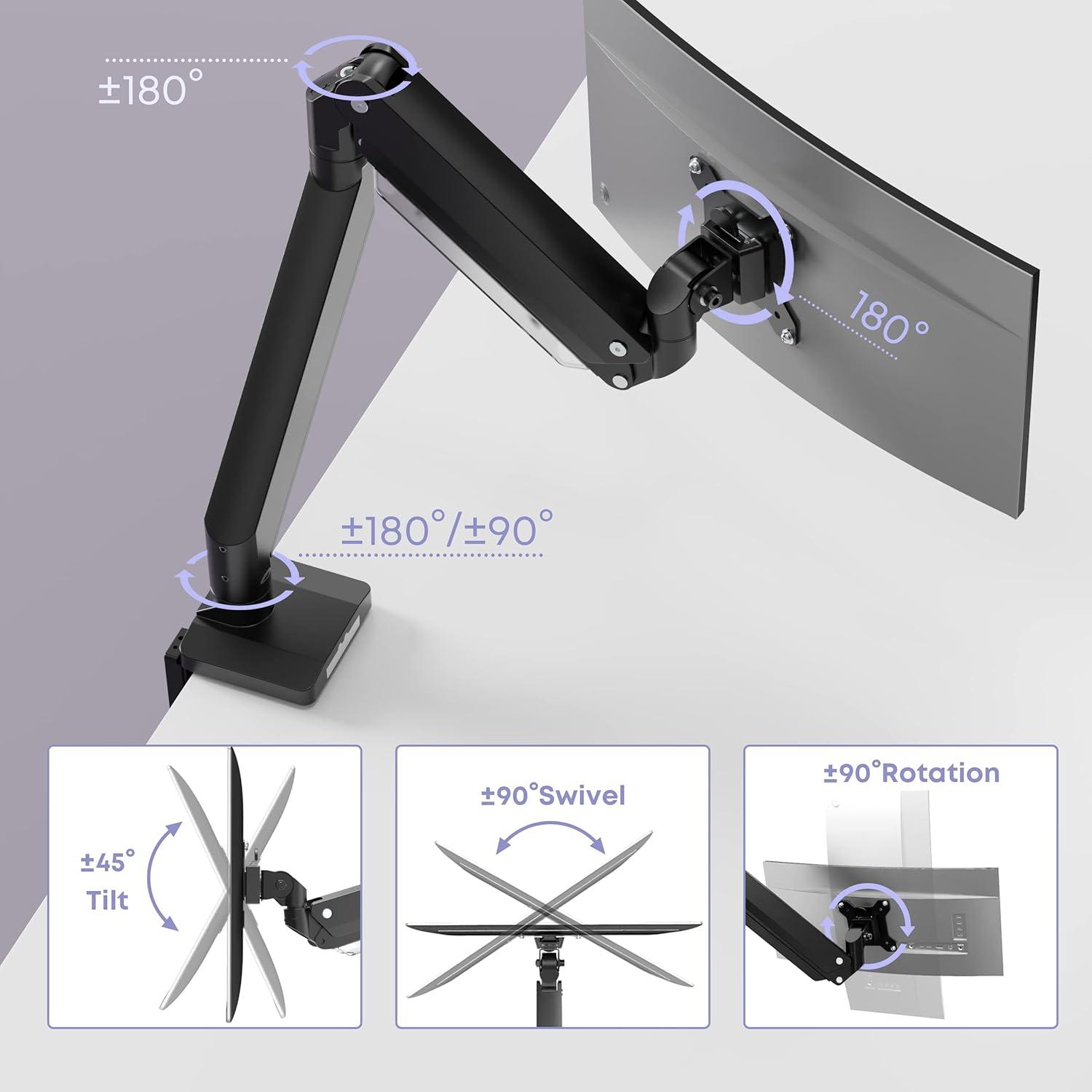 Heavy Duty Monitor Arm for Ultrawide Screens up to 49 inch and 39.6lbs, Premium Aluminum Single Desk Mount Stand with Gas Spring, VESA 75x75/100x100