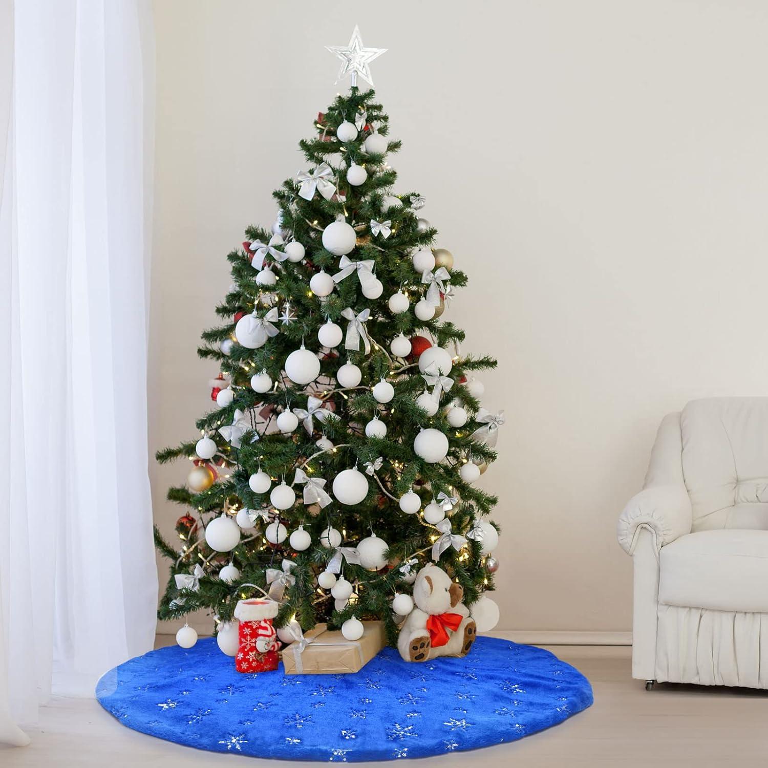 TYMZDYN Blue Christmas Tree Skirt Plush 30 inches Dark Blue Fur Christmas Tree Skirt with Silver Sequin Snowflake Xmas Tree Skirt Mat for New Year Holiday Christmas Day Decorations