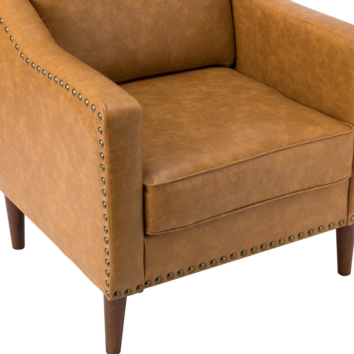 HULALA HOME Faux Leather Accent Armchairs Set of 2 with Back & Seat Cushions, Traditional Club Chairs with Nailhead Trim, Comfy Upholstered Sofa Chairs for Living Room Bedroom, Beige