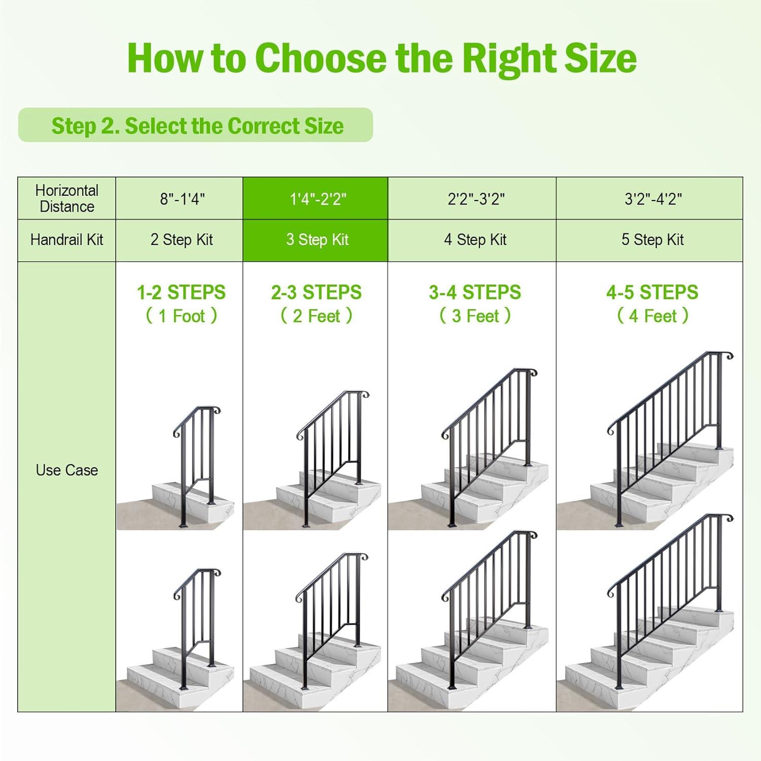 3 Step Handrails for Outdoor Steps, Wrought Iron Stair Railing Fits 2 or 3 Steps, Metal Hand Railing with Installation Kit, Staircase Handrails for Concrete, Porch, Deck, Exterior Steps, Black
