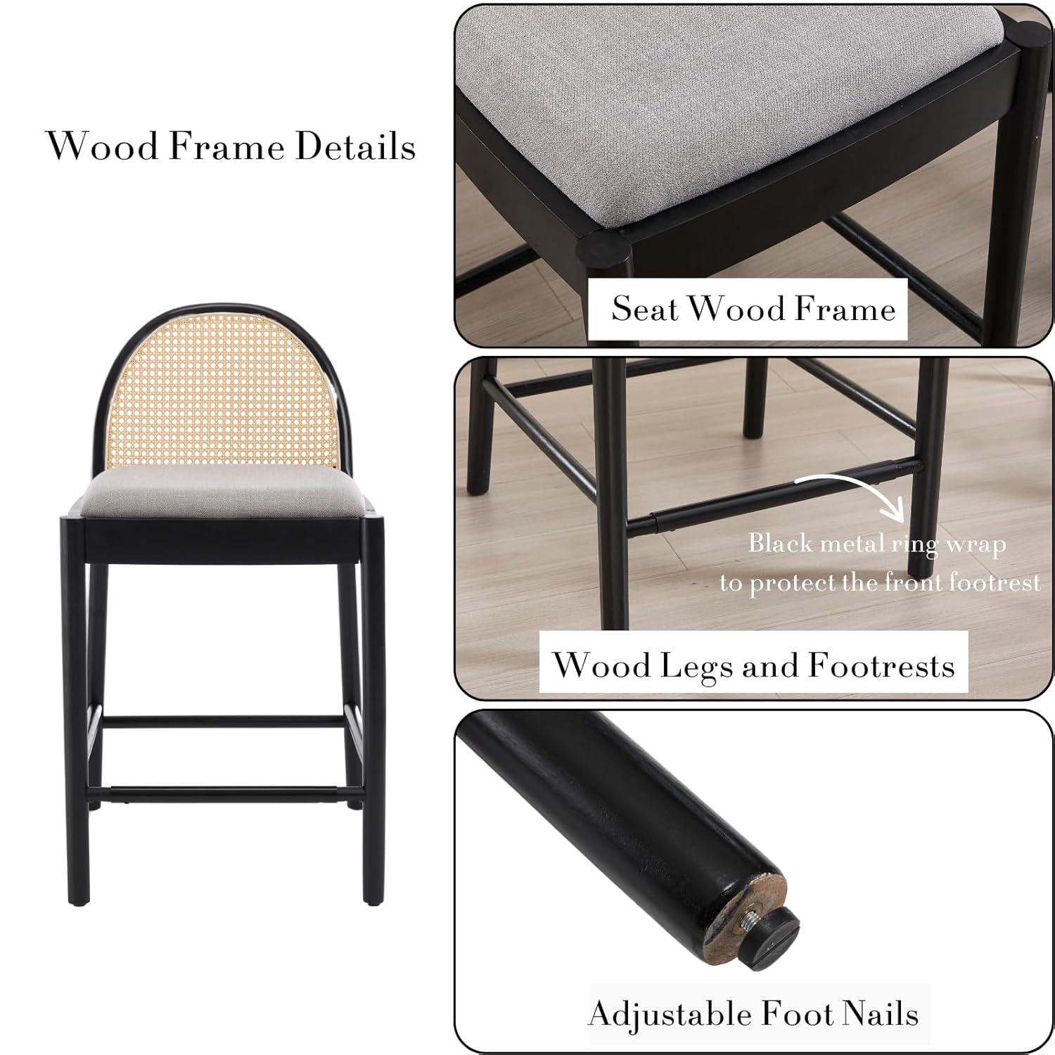 Bayou Breeze Emington Modern Stools with Rattan Backrests and Wood Frame (Set of 2)