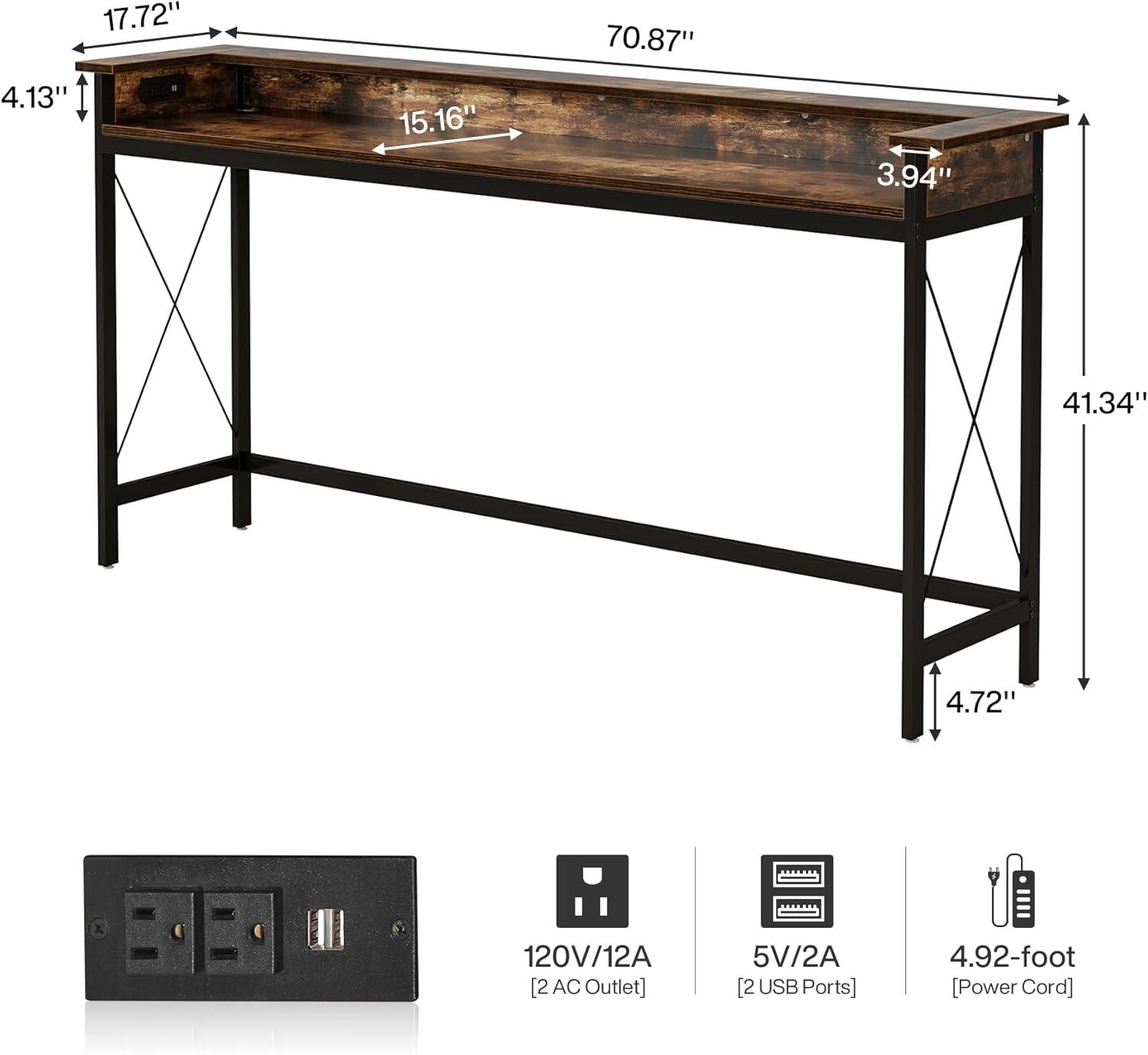 Tribesigns Sofa Table with Outlets and USB Ports, 70.9 inch Console Table, Industrial Entryway Hallway Accent Table for Living Room,Brown & Black