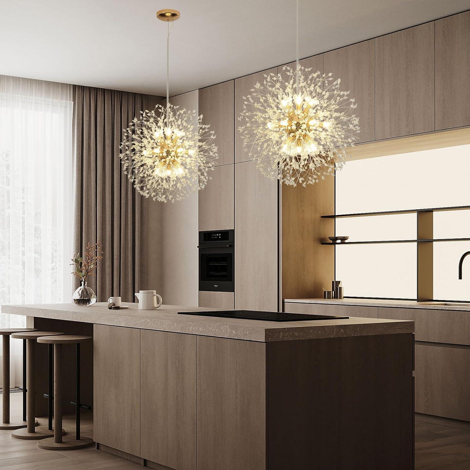 Mercer41 Modern Gold Crystal Chandelier With 12-Light Firework Design, Adjustable Dandelion Pendant Lighting For Dining Room, Living Room, Bedroom, Kitchen, And Hallway