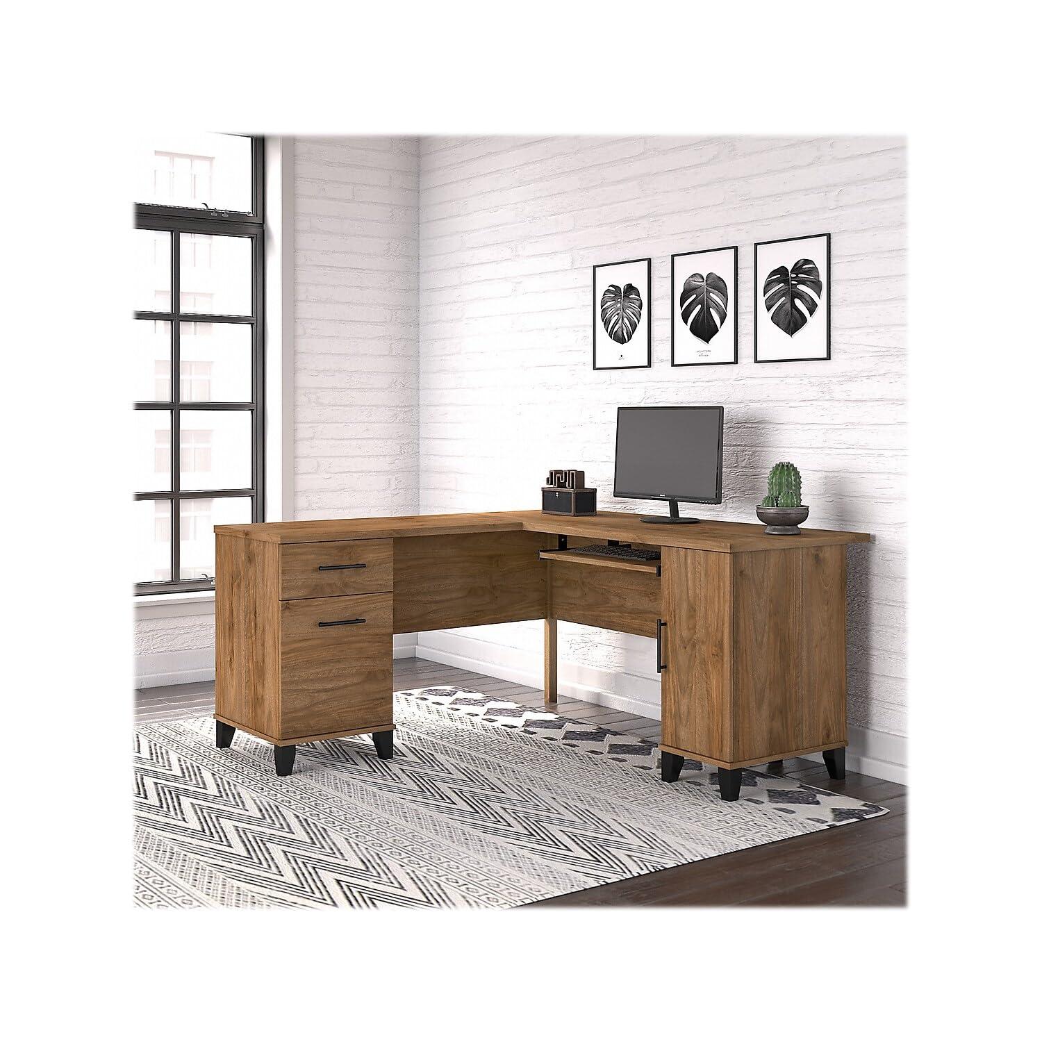 Bush Furniture Somerset 60 in L Desk with Keyboard Tray, File Drawer, Box Drawer and Storage Cabinet in Fresh Walnut (Ships in 2 Boxes)