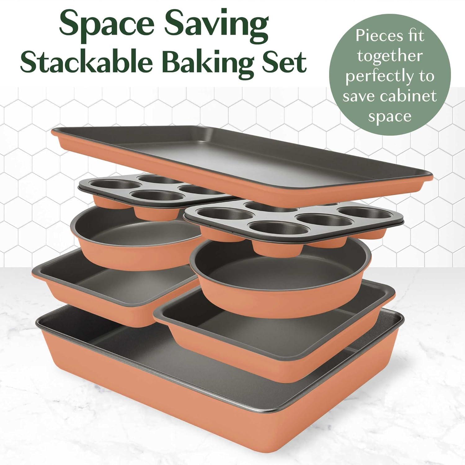 Terracotta and Gray Nonstick 8-Piece Stackable Bakeware Set