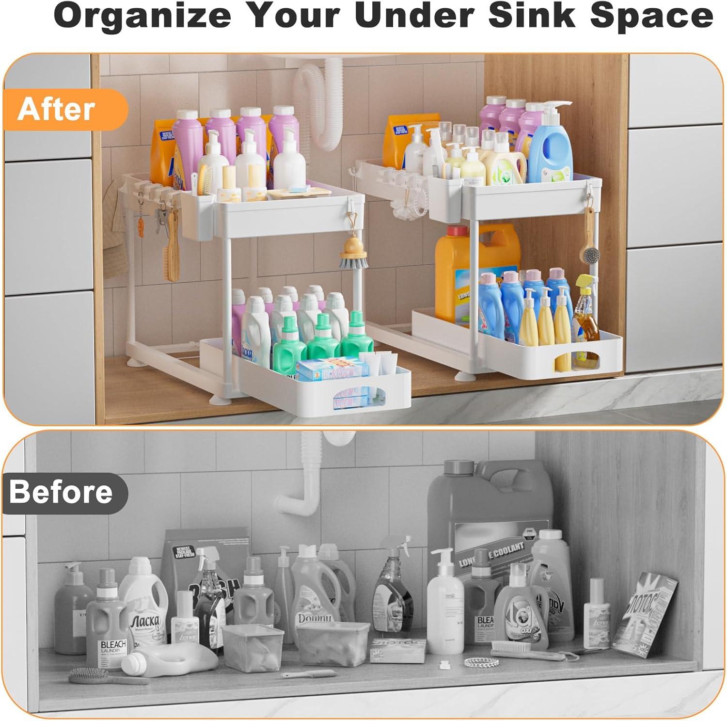 Delamu 2 Pack Under Sink Organizer and Storage, 2 Tier Pull Out Cabinet Organizer, Slide Out Under Sink Storage Shelf for Kitchen Bathroom, White