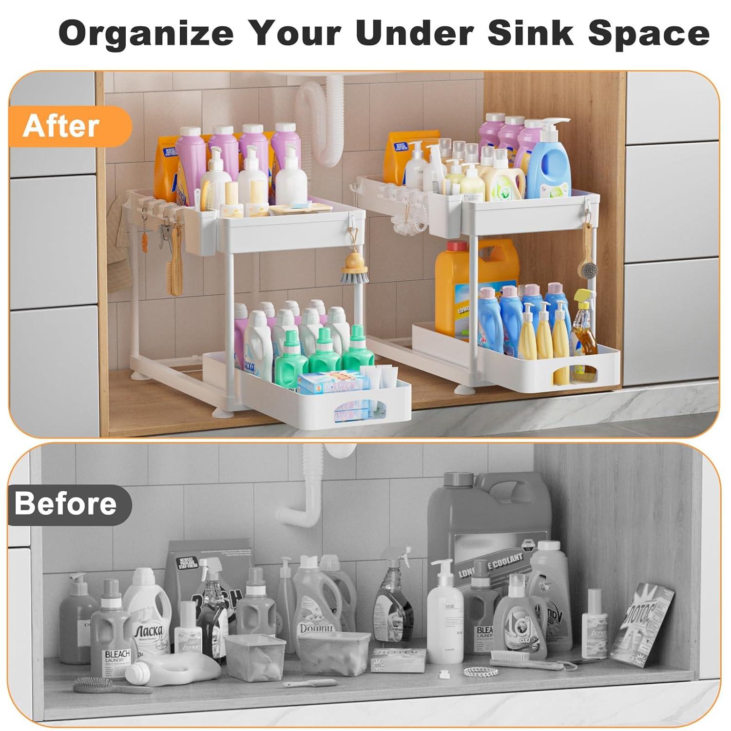 Delamu 2 Pack Under Sink Organizer and Storage, 2 Tier Pull Out Cabinet Organizer, Slide Out Under Sink Storage Shelf for Kitchen Bathroom, White