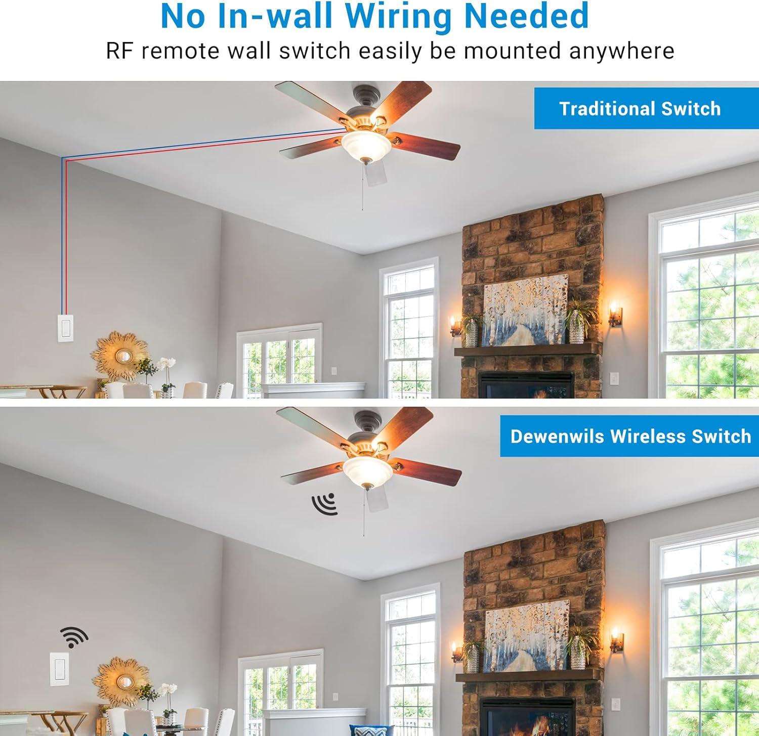 DEWENWILS Wireless Light Switch and Receiver Kit, 10A/1200W, No in-Wall Wiring Required,Remote Control Wall Switch Lighting Fixture for Ceiling Lights, Fans, Lamps,100 Ft RF Range, Programmable
