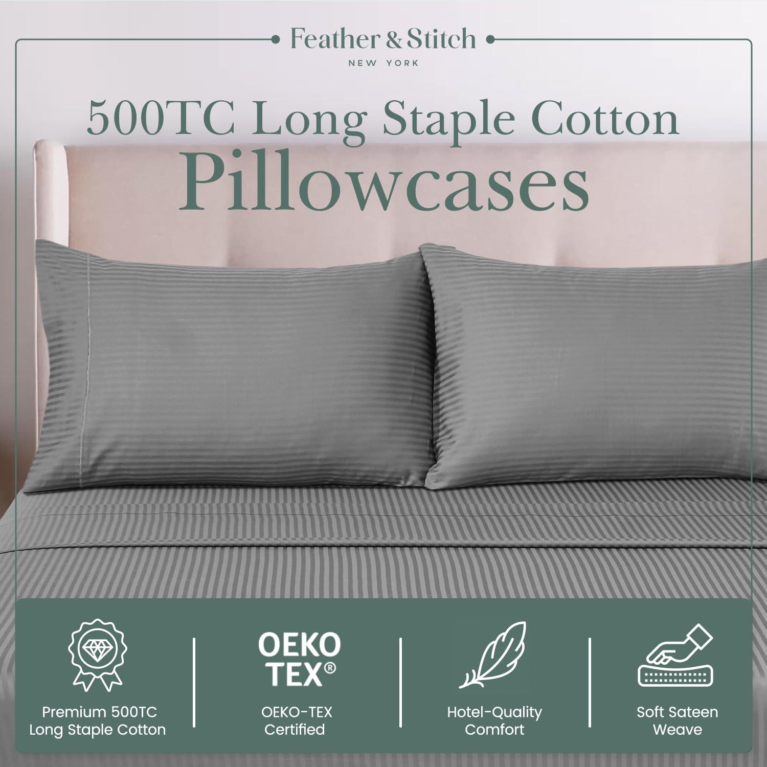 Feather & Stitch Pillow Covers Set of 2, Envelope Closure King Size Pillowcases, Soft Luxury 500 TC Damask Stripe Sateen Weave Pillow Case, 20x40 Inches - Grey