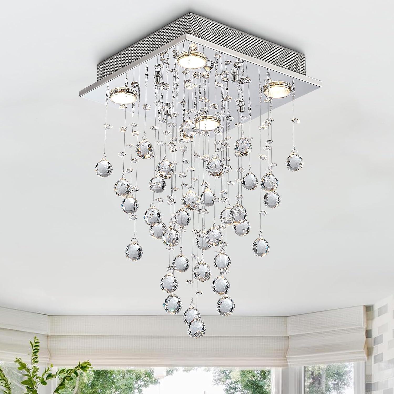 Bestier Chrome Modern Crystal Square Raindrop Chandelier Lighting Flush Mount LED Ceiling Light Fixture Pendant Lamp for Dining Room Bathroom Bedroom Livingroom 4 GU10 Bulbs Required 12" Wide 20" High