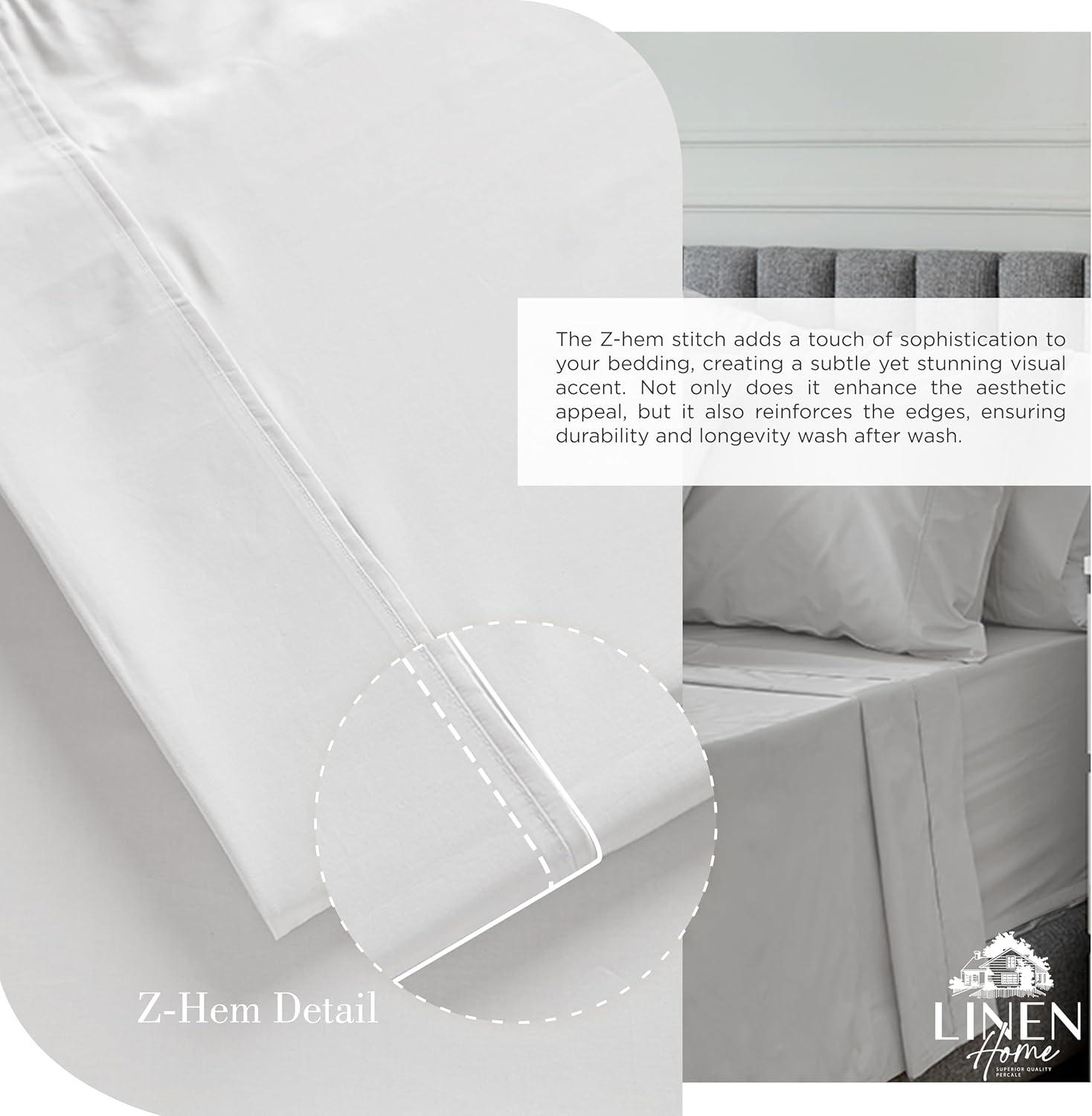 Linen Home 100% Cotton Percale Sheets Queen Size, Silver, Deep Pocket, 4 Pieces Set - 1 Flat, 1 Deep Pocket Fitted Sheet and 2 Pillowcases, Crisp Cool and Strong Bed Linen