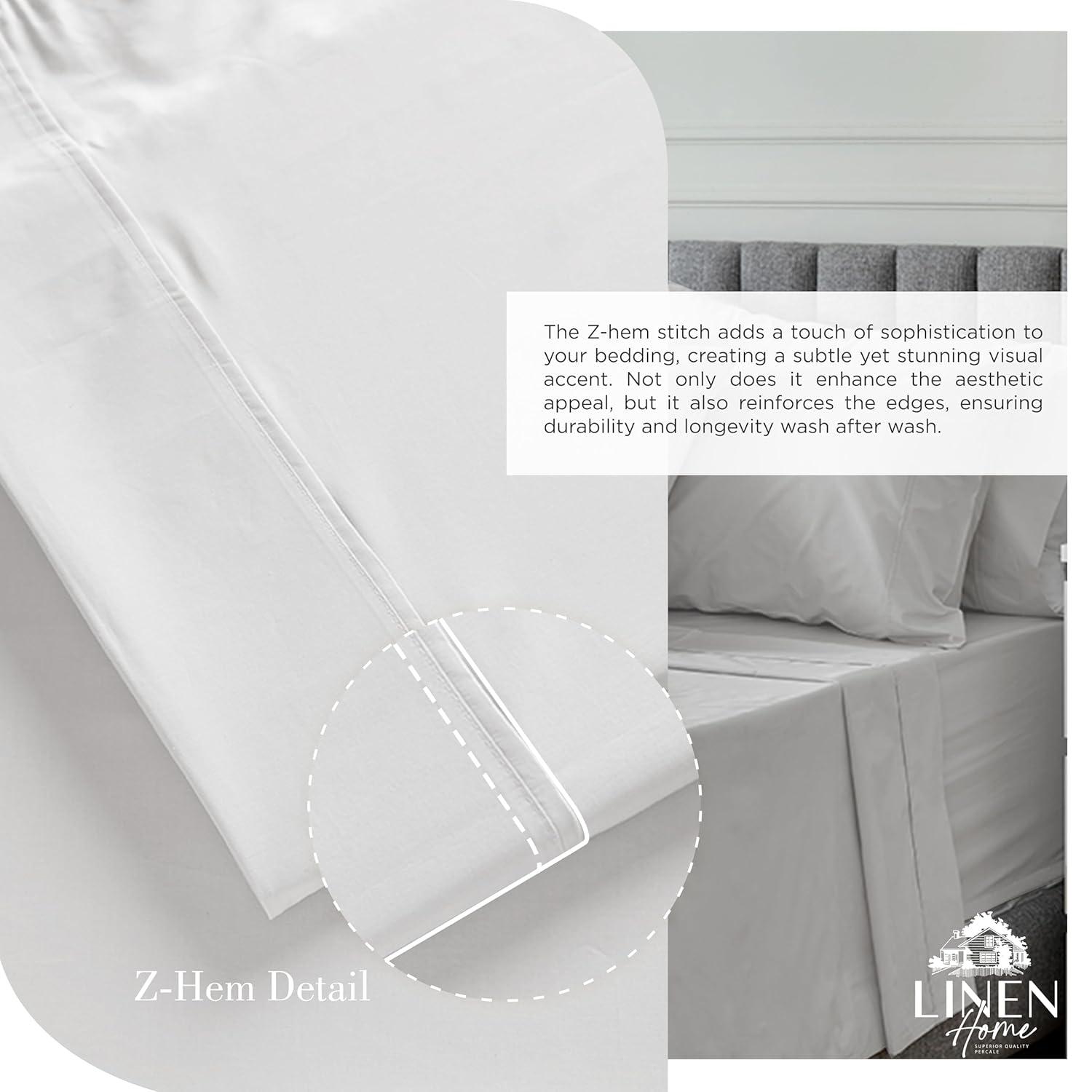Linen Home 100% Cotton Percale Sheets Queen Size, Silver, Deep Pocket, 4 Pieces Set - 1 Flat, 1 Deep Pocket Fitted Sheet and 2 Pillowcases, Crisp Cool and Strong Bed Linen