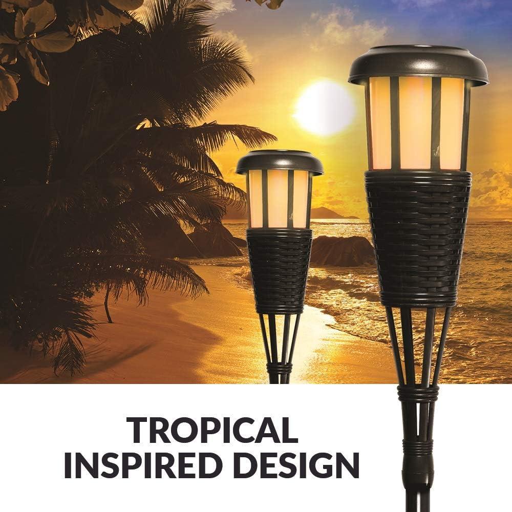 Solar Flickering LED Island Torches, Dusk-to-Dawn Dancing Flame Outdoor Landscape Lighting, Black, 2-Pack