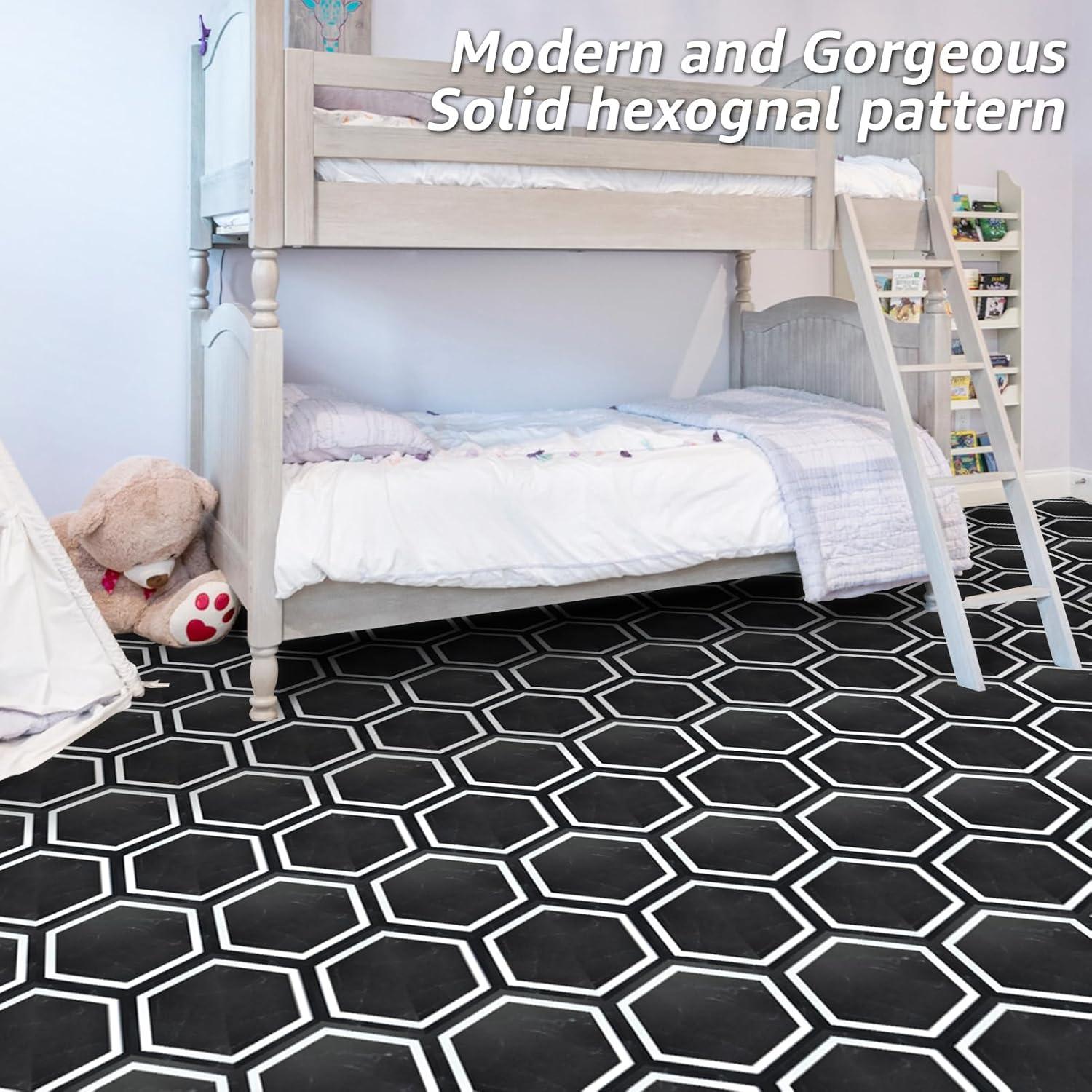 Art3d 30-Pack 11.8" x 10.2" Black Marble Hexagon Peel and Stick Flooring Tile, Self Adhesive Waterproof Vinyl Floor Tile